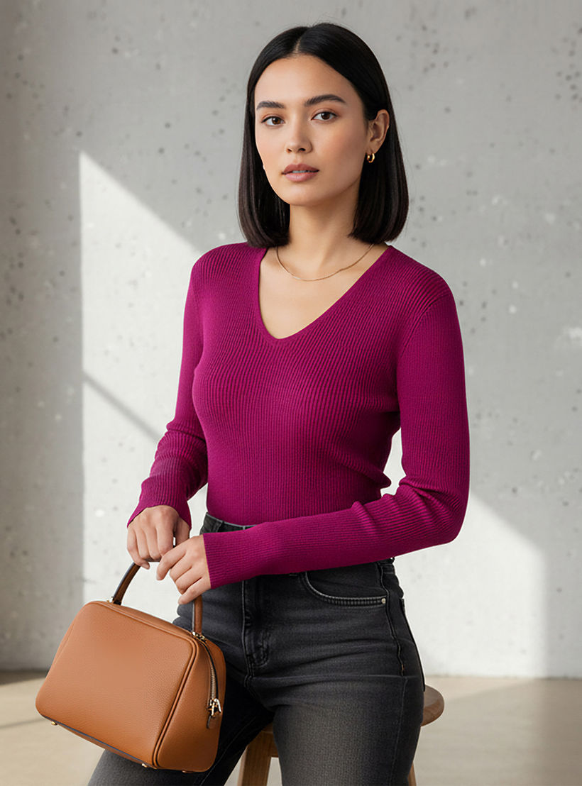 2Xtremz Regular Fit Ribbed V-neck Tricot Sweater-women-clothing-cardigansandjumpers-jumpers-image-1