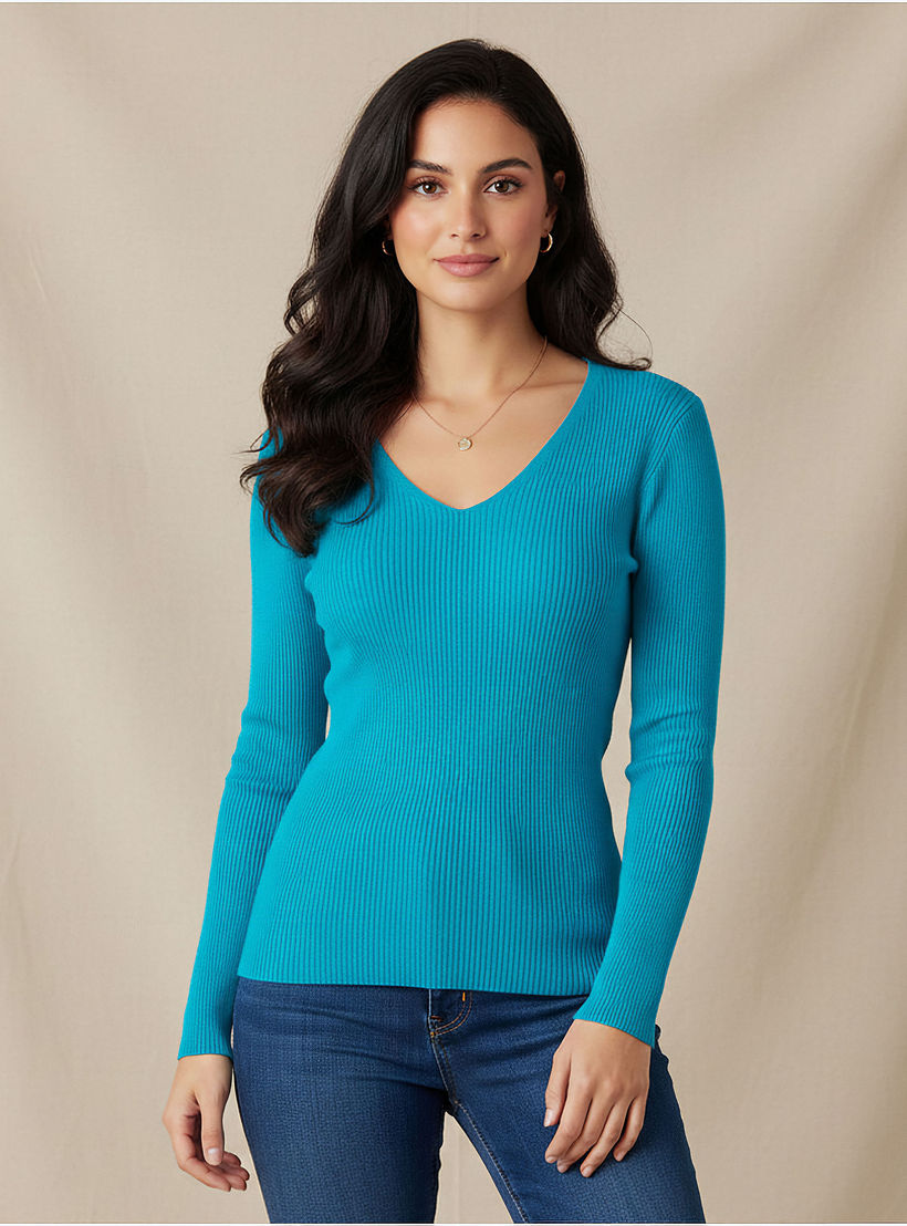 كنزة تريكو مضلعة بقصة عادية وياقة V من تو إكستريمز-women-clothing-cardigansandjumpers-jumpers-image-5