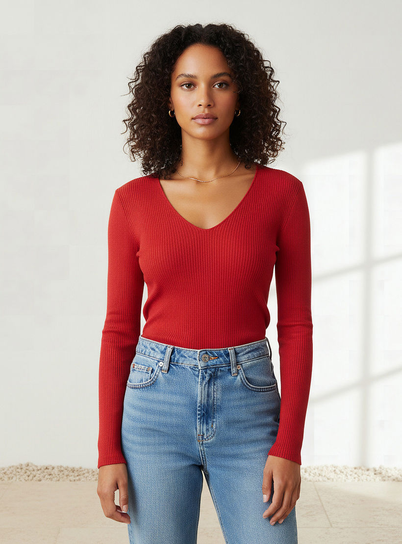 كنزة تريكو مضلعة بقصة عادية وياقة V من تو إكستريمز-women-clothing-cardigansandjumpers-jumpers-image-5