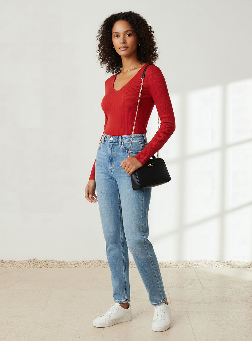 كنزة تريكو مضلعة بقصة عادية وياقة V من تو إكستريمز-women-clothing-cardigansandjumpers-jumpers-image-4