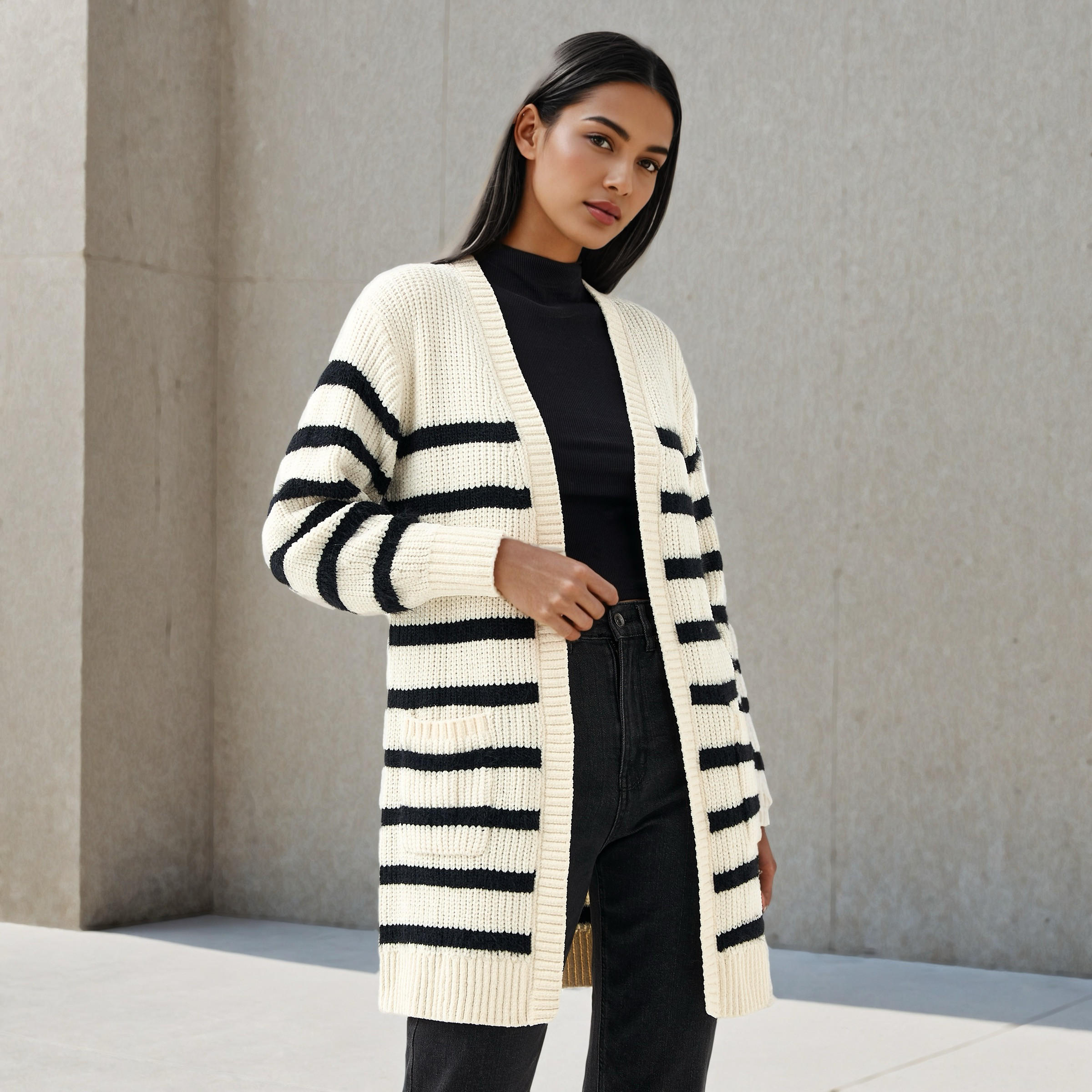 كارديجان مخطط طويل من توإكستريمز-women-winterwear-cardigansandjumpers-cardigans-image-1