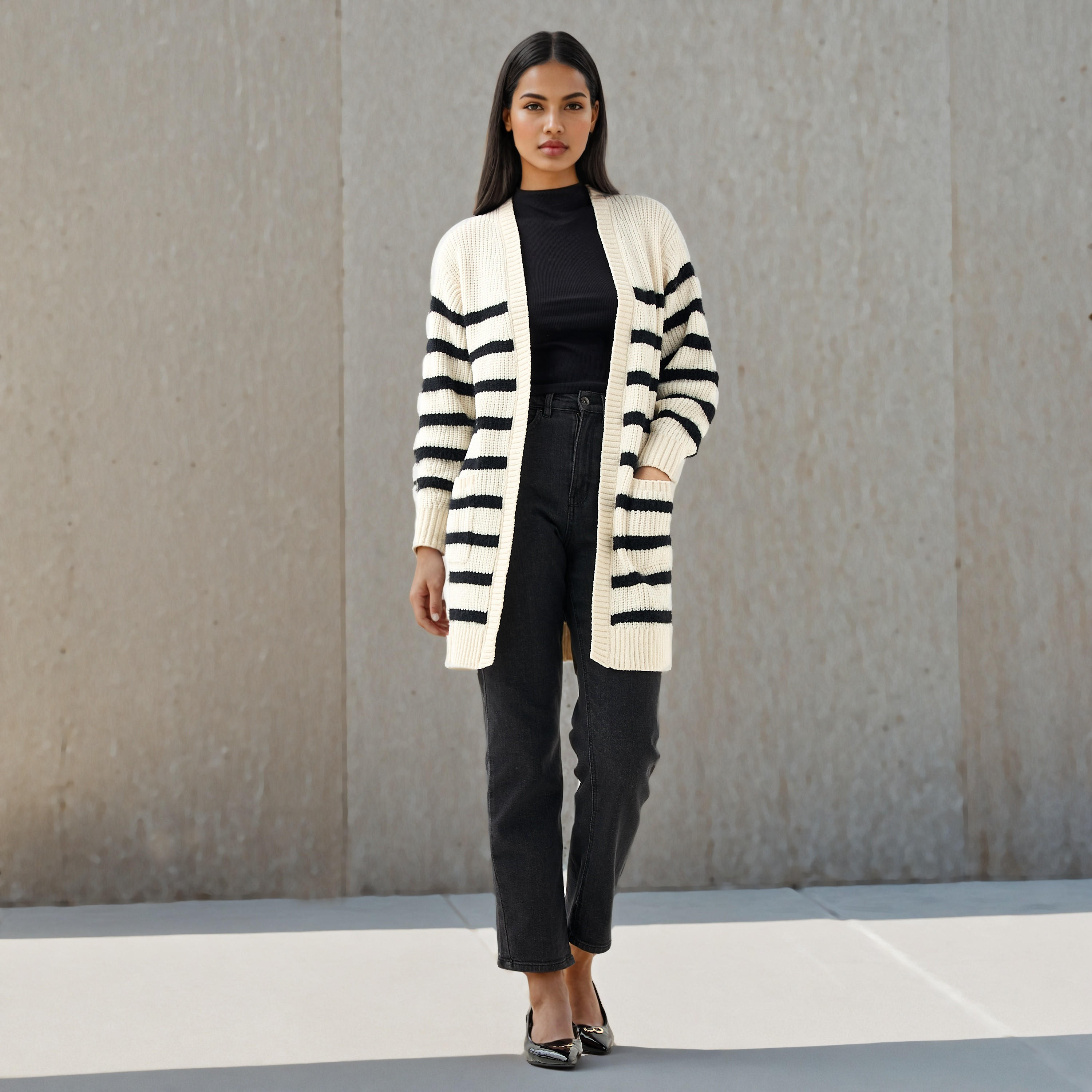 كارديجان مخطط طويل من توإكستريمز-women-winterwear-cardigansandjumpers-cardigans-image-4