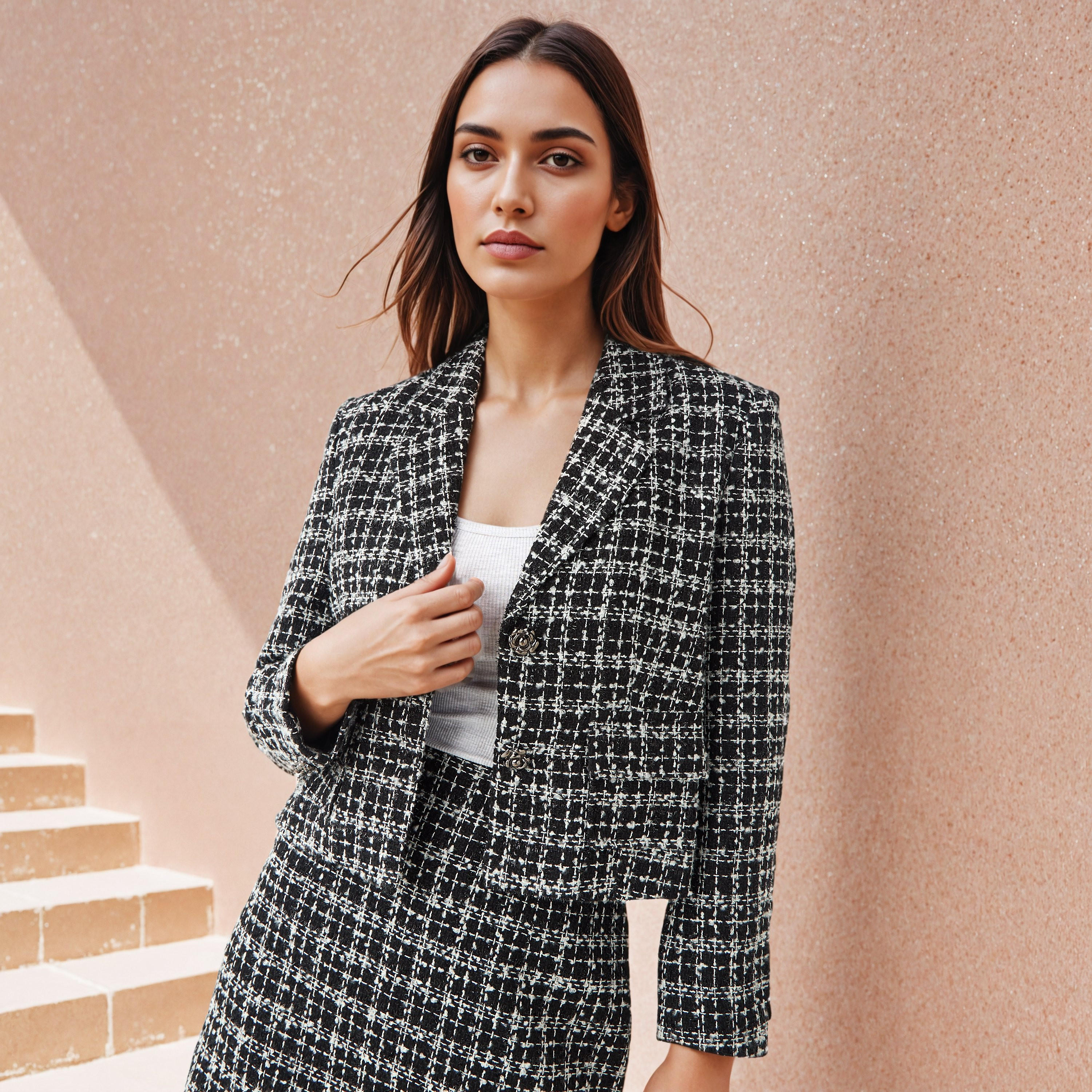 جاكيت تويد كاروهات بياقة مدببة من تو إكستريمز-women-winterwear-coatsandjackets-jackets-image-1