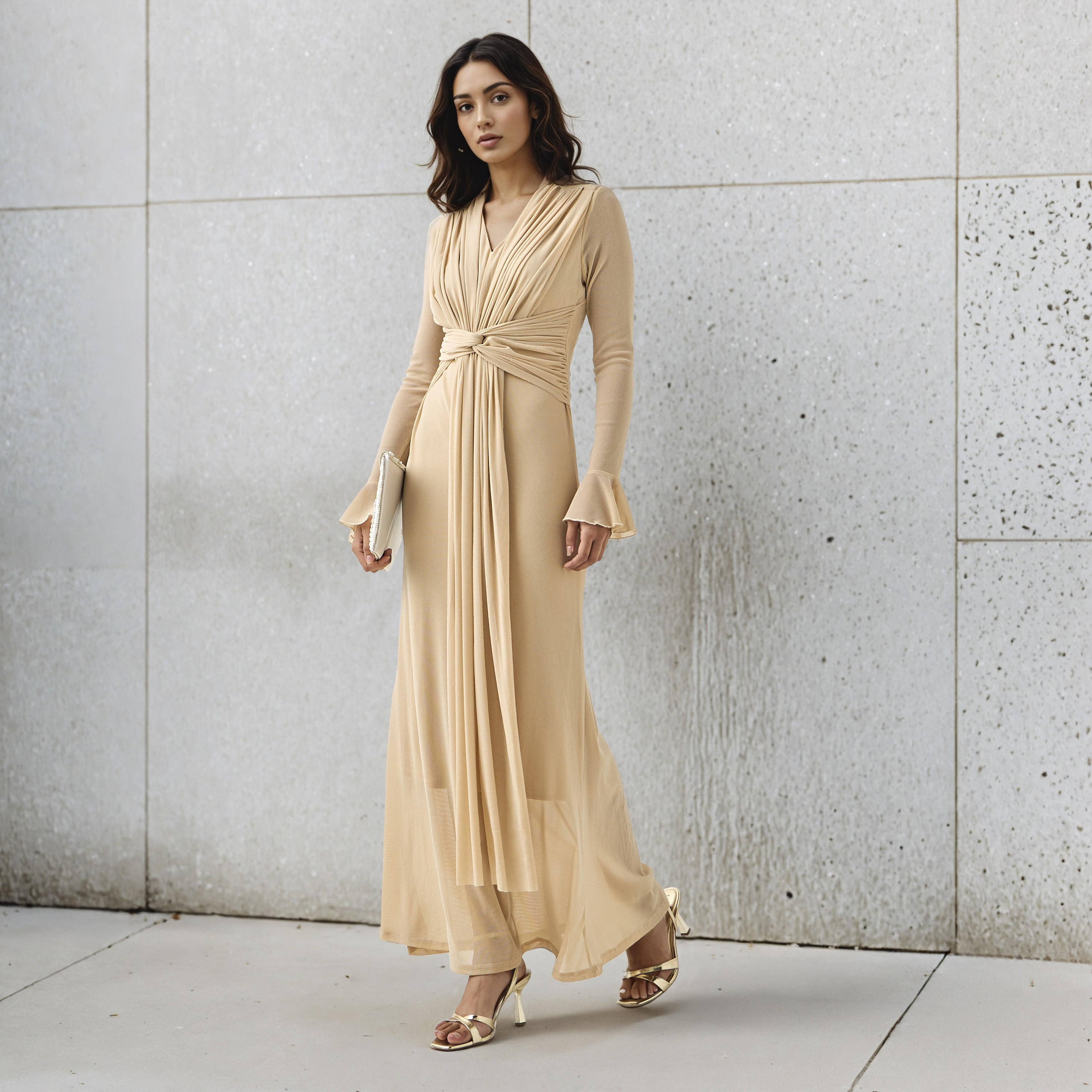 فستان ماكسي مزيج نايلون وزينة لوريكس وأكمام جرس من تو إكستريمز-women-clothing-dresses-image-1