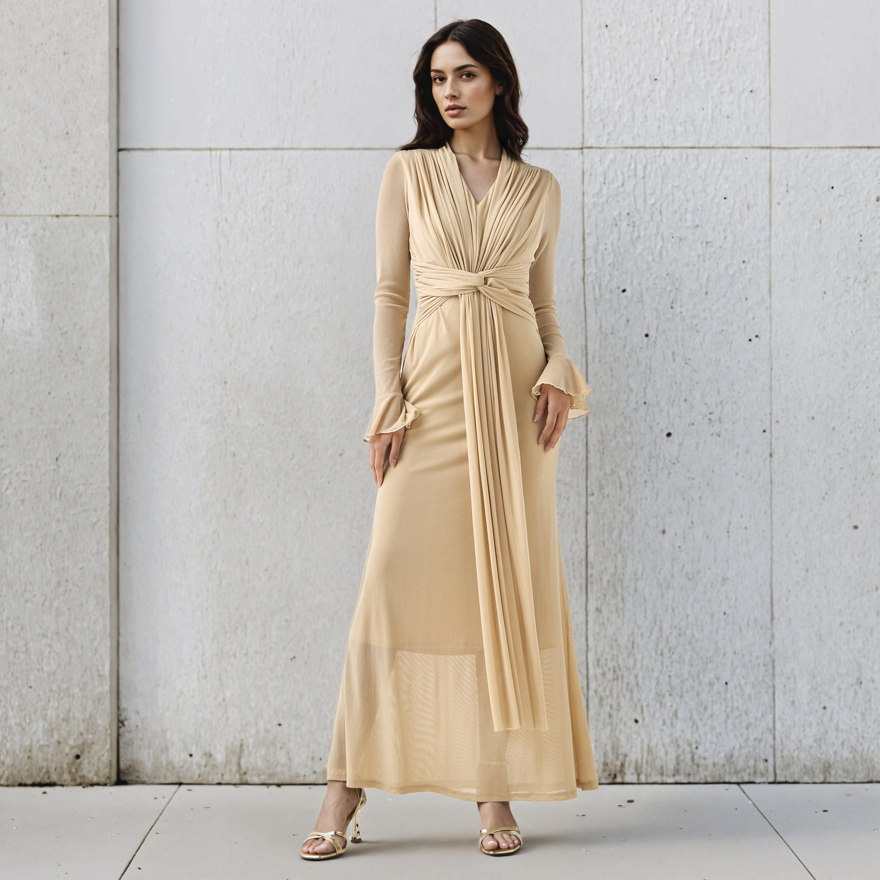 فستان ماكسي مزيج نايلون وزينة لوريكس وأكمام جرس من تو إكستريمز-women-clothing-dresses-image-2