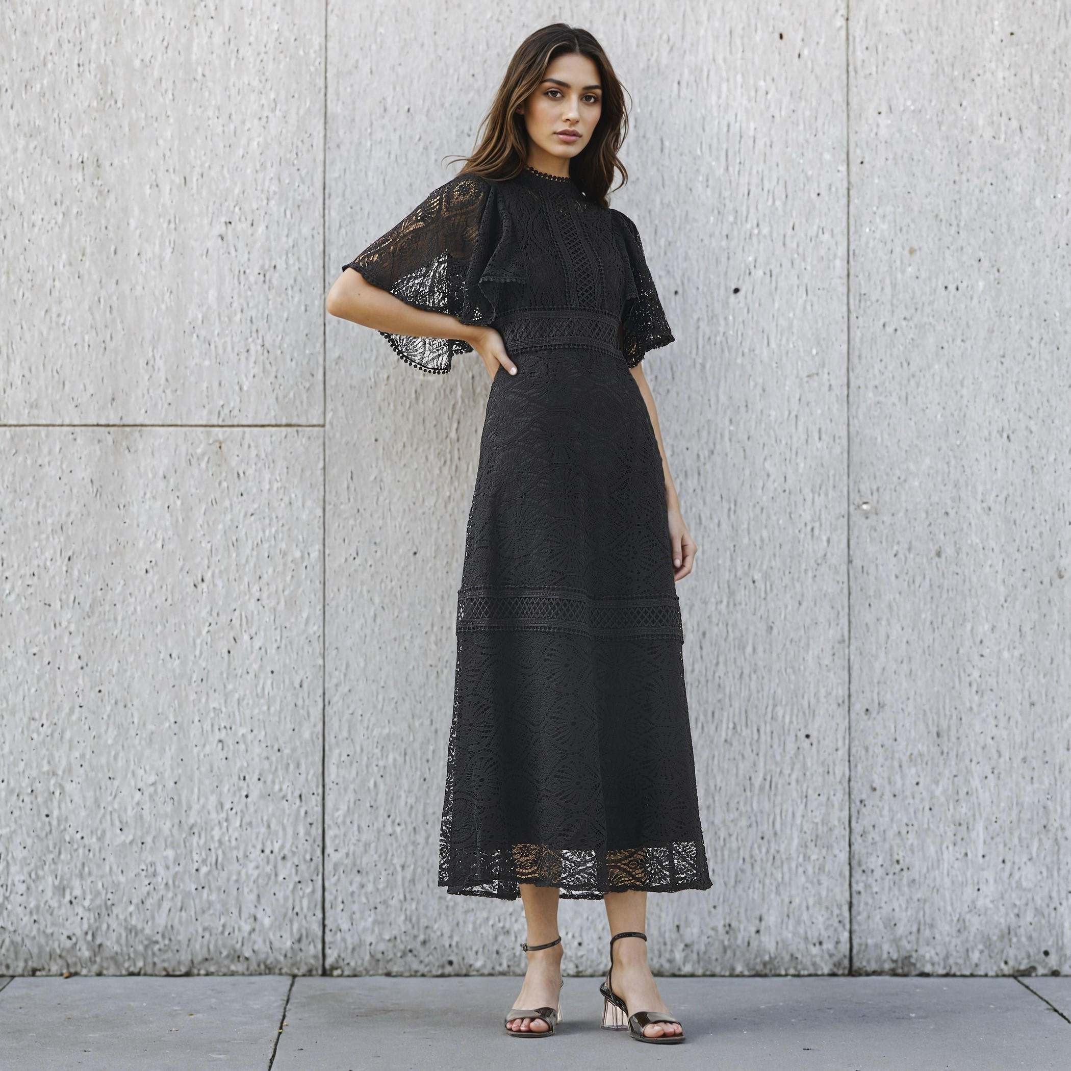 Lace Accent 2Xtremz A-line Midi Polyester Dress with Flutter Sleeves-women-clothing-dresses-image-2