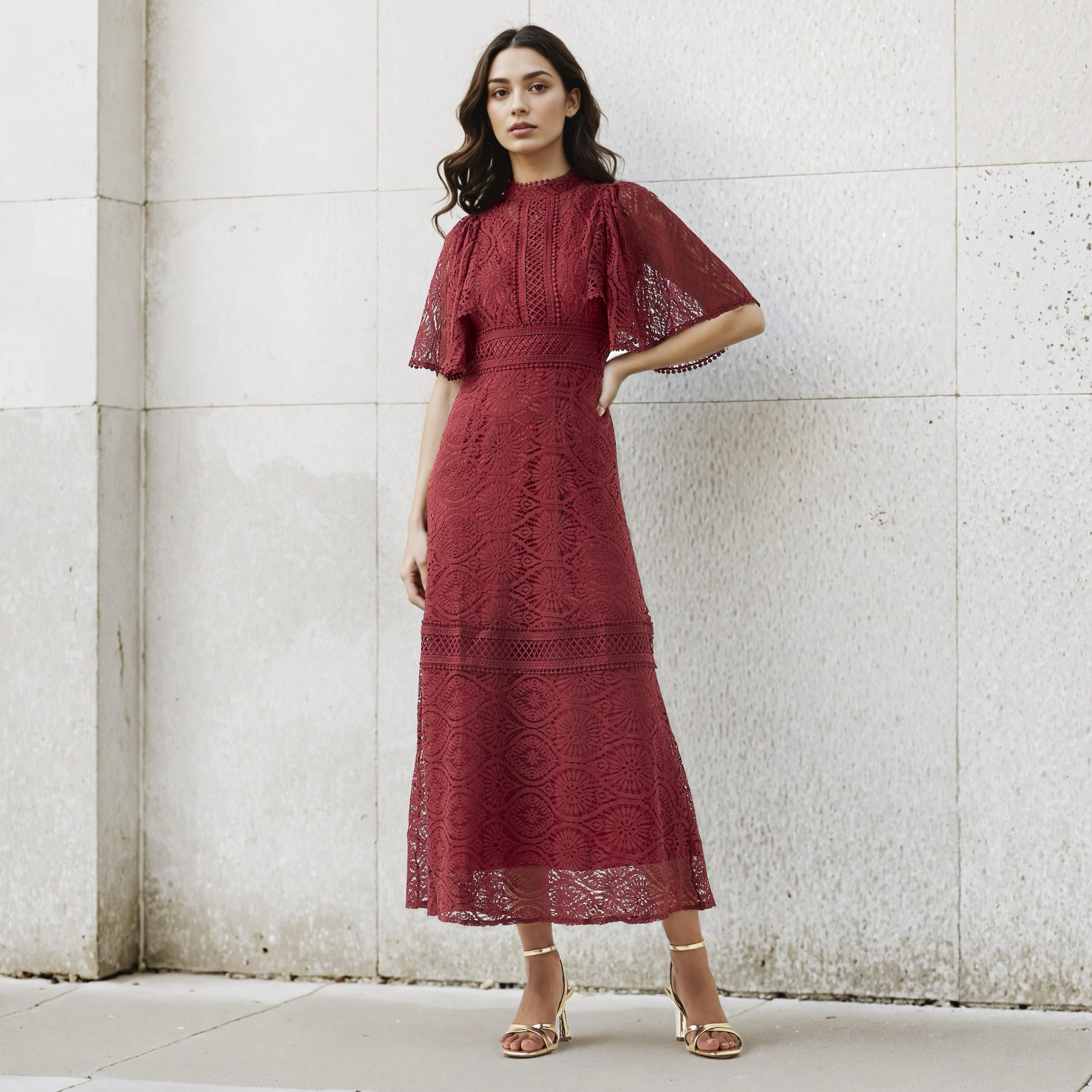 فستان بوليستر إيه لاين ميدي دانتيل بأكمام واسعة من تو إكستريمز-women-clothing-dresses-image-1