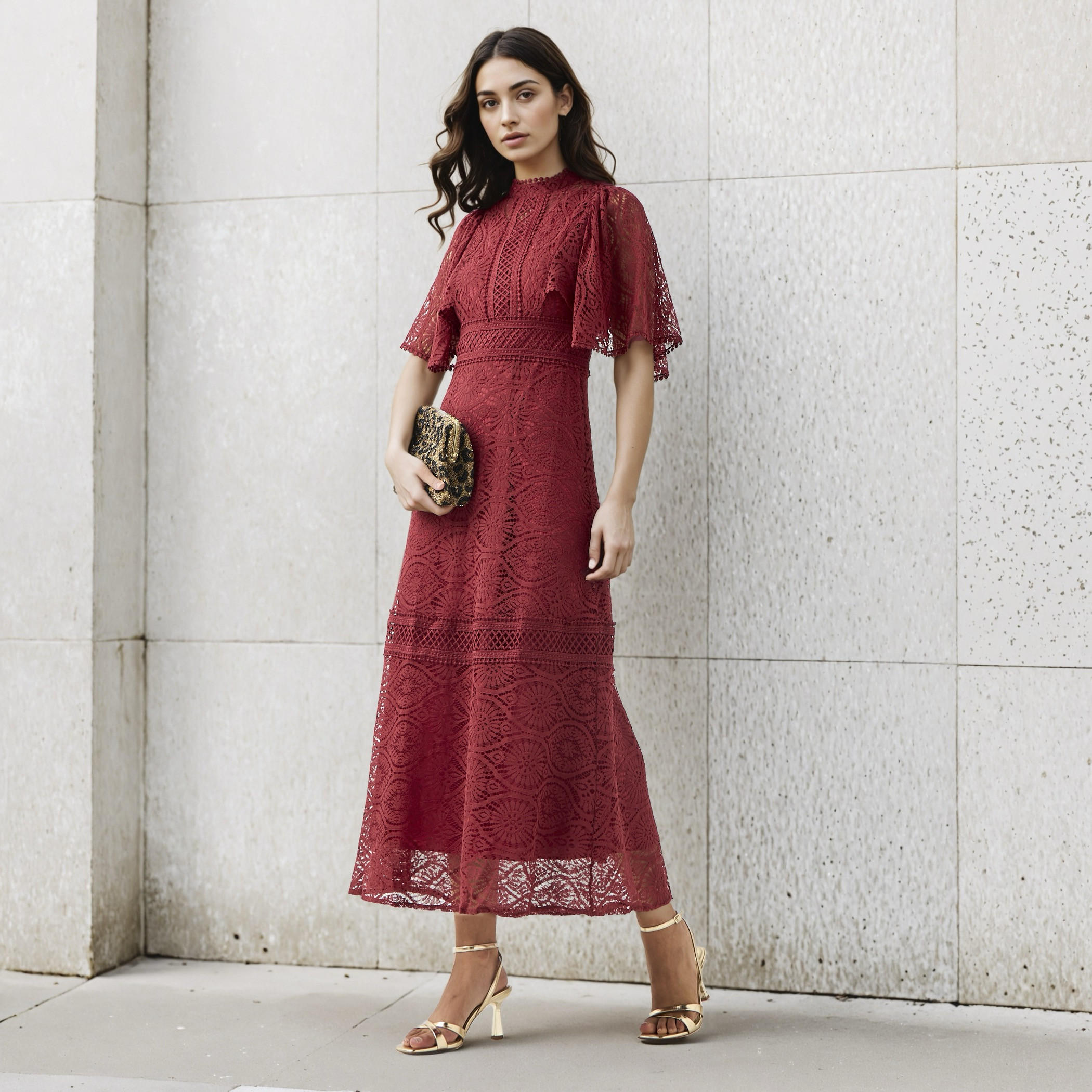 فستان بوليستر إيه لاين ميدي دانتيل بأكمام واسعة من تو إكستريمز-women-clothing-dresses-image-2