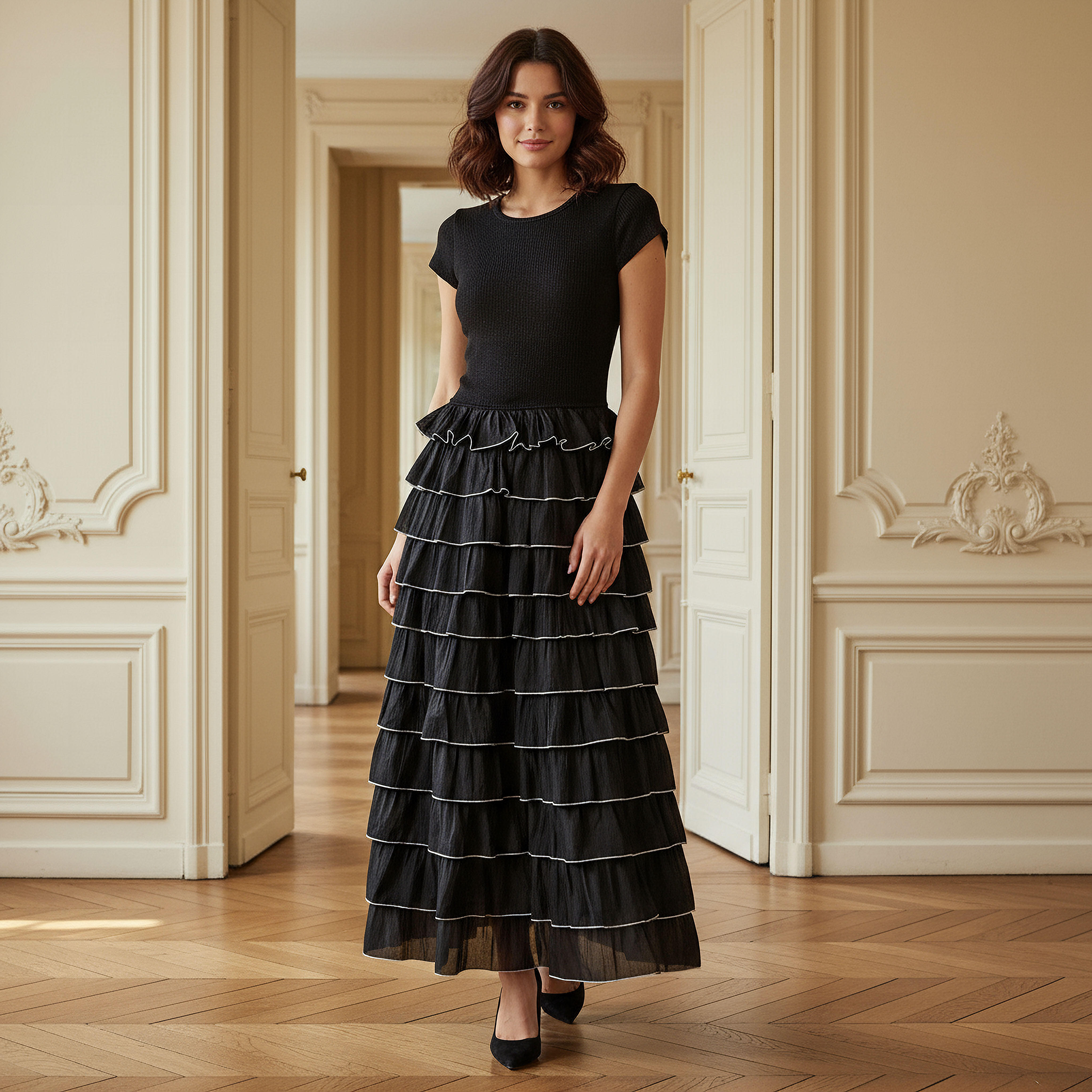 فستان بتفاصيل مضلعة مع كشكش للنساء من تو إكستريمز-women-clothing-dresses-image-1