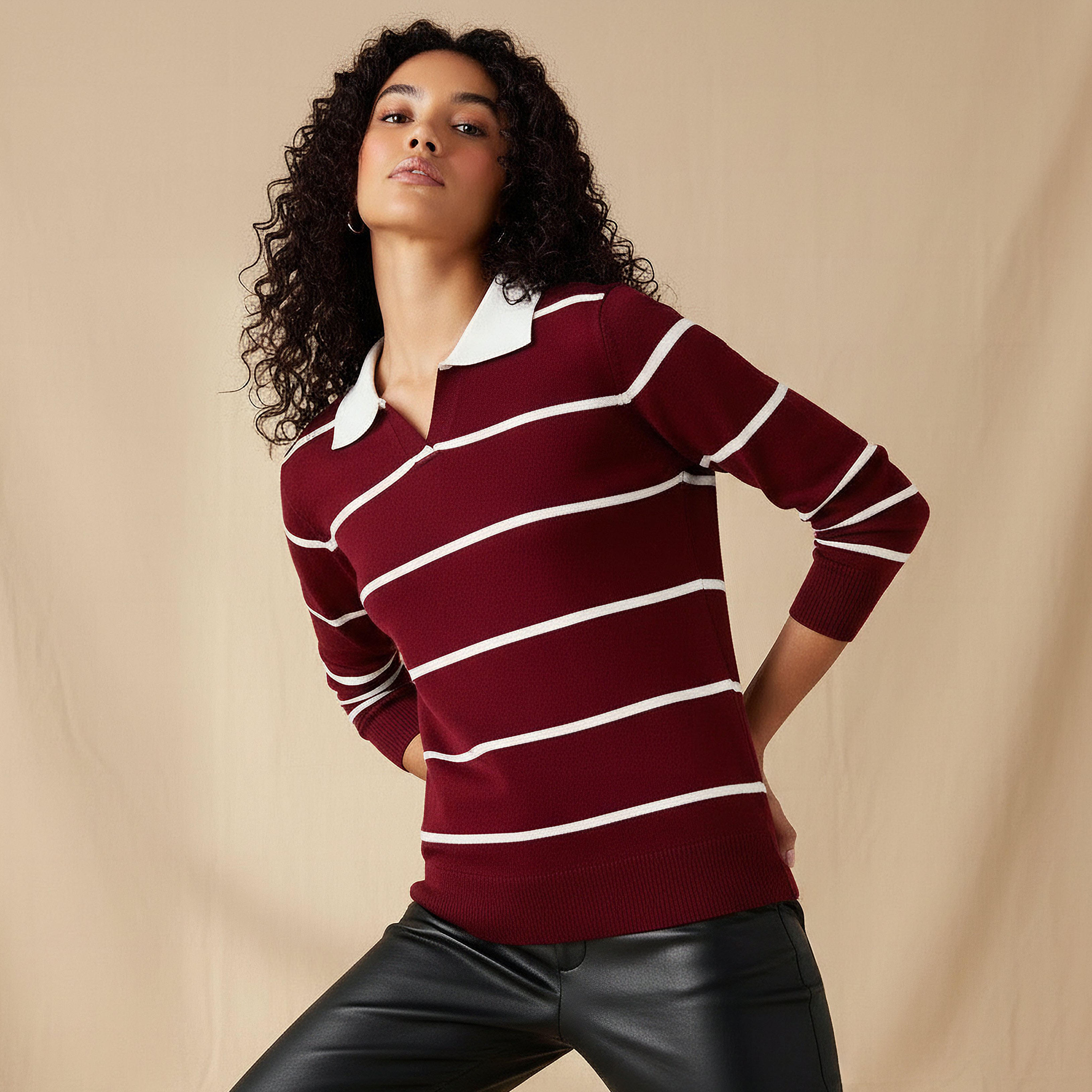 كنزة تريكو بقصّة عادية وياقة مخططة من تو إكستريمز-women-clothing-cardigansandjumpers-jumpers-image-1