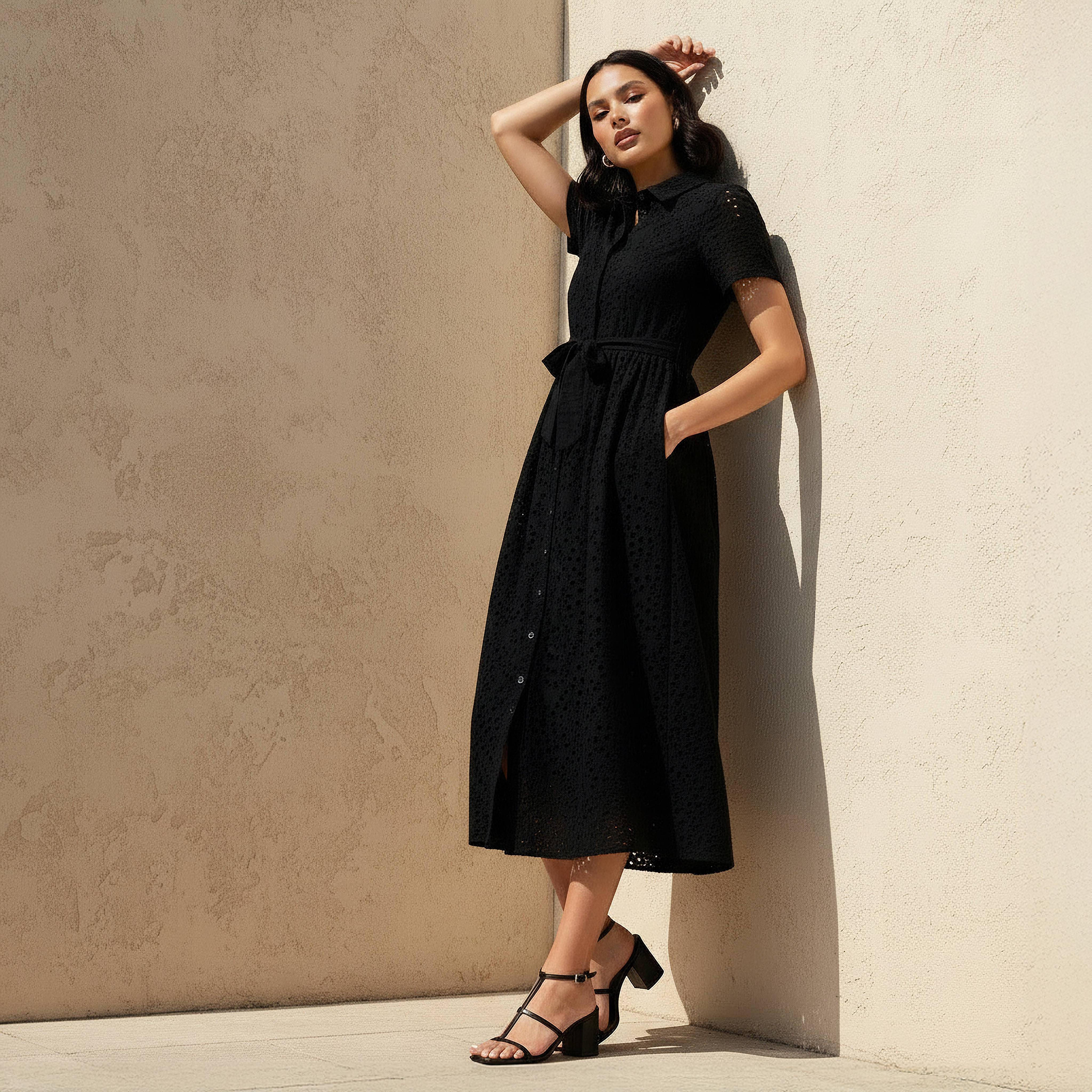 فستان قميص ميدي قطن بحزام وتطريز شيفلي من تو إكستريمز-women-clothing-dresses-image-1