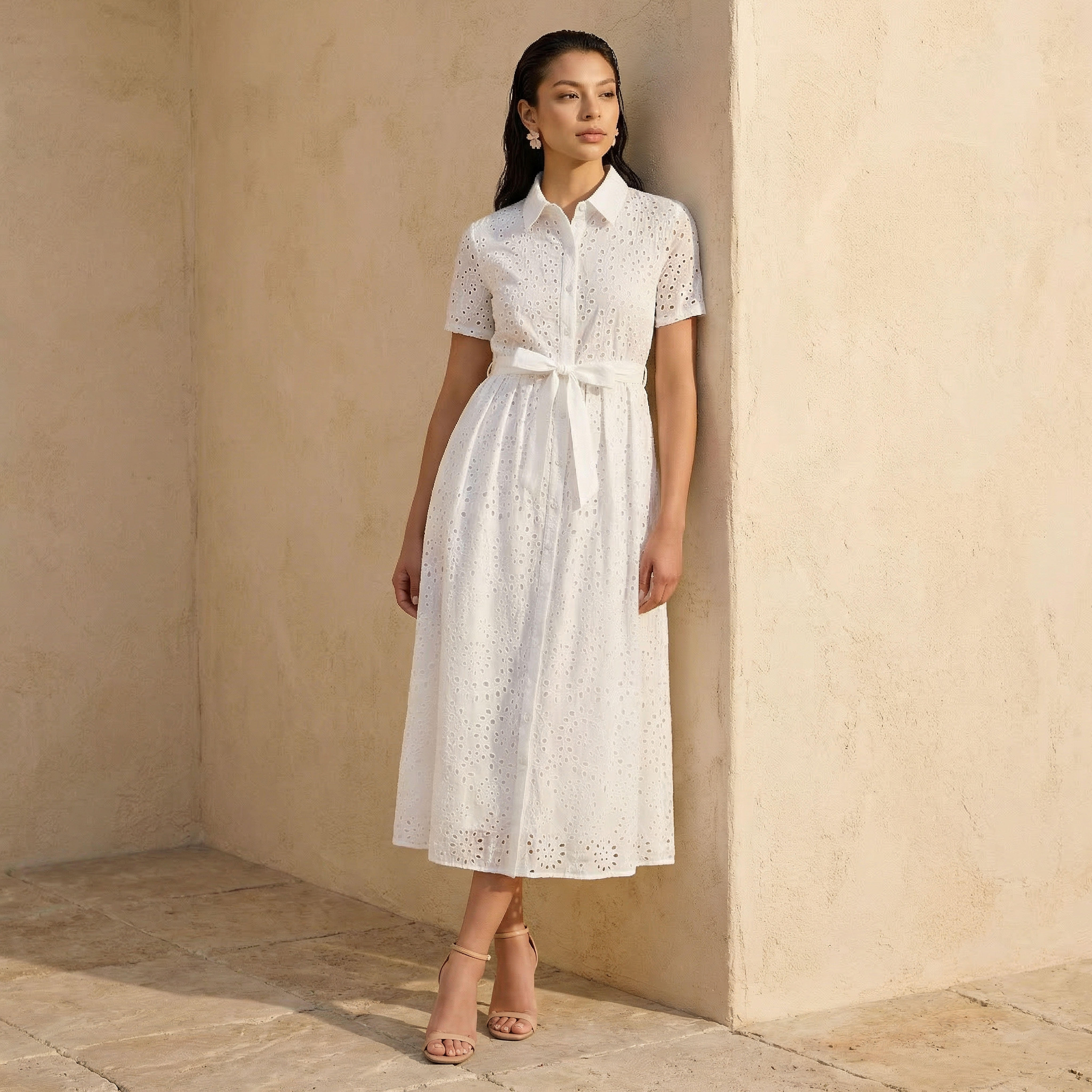 2Xtremz Belted Midi Cotton Shirt Dress with Schiffli Embroidery-women-clothing-dresses-image-1