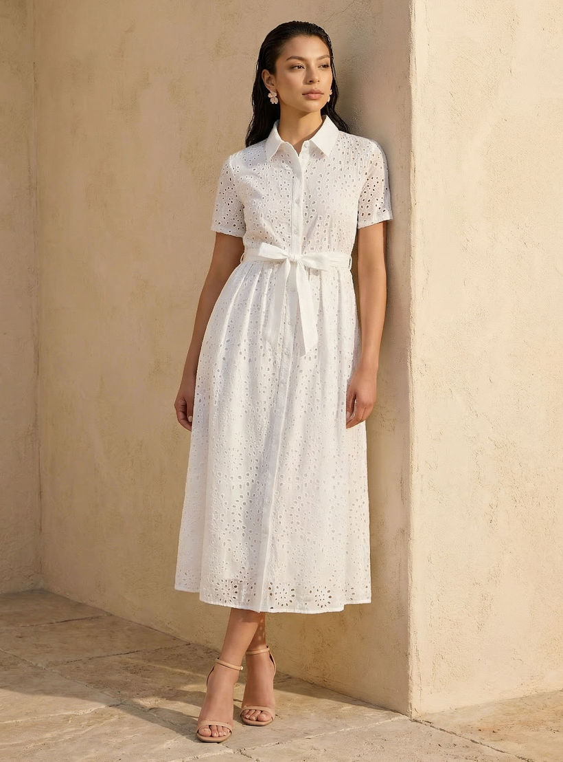 فستان قميص ميدي قطن بحزام وتطريز شيفلي من تو إكستريمز-women-clothing-dresses-image-1
