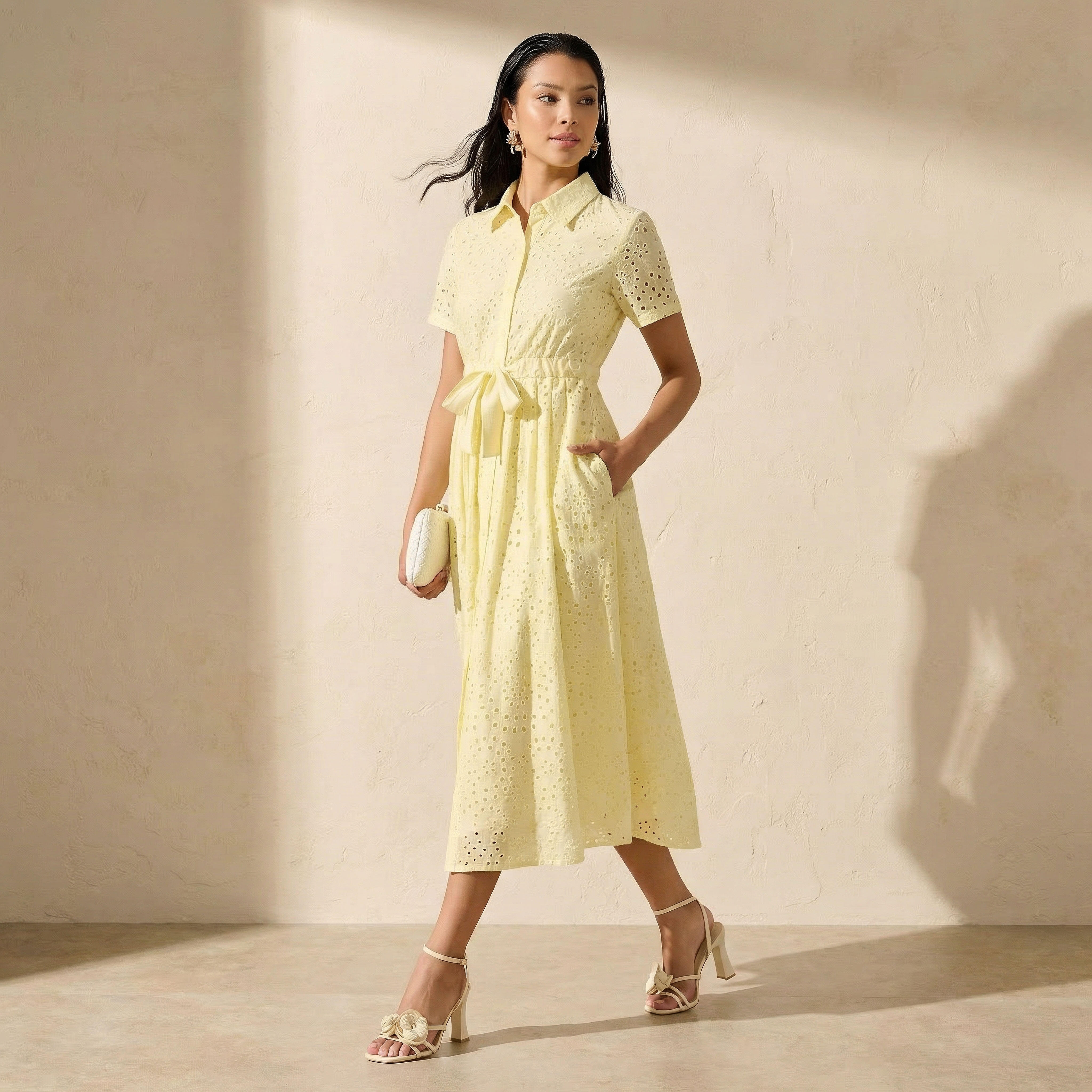 2Xtremz Belted Midi Cotton Shirt Dress with Schiffli Embroidery-women-clothing-dresses-image-1