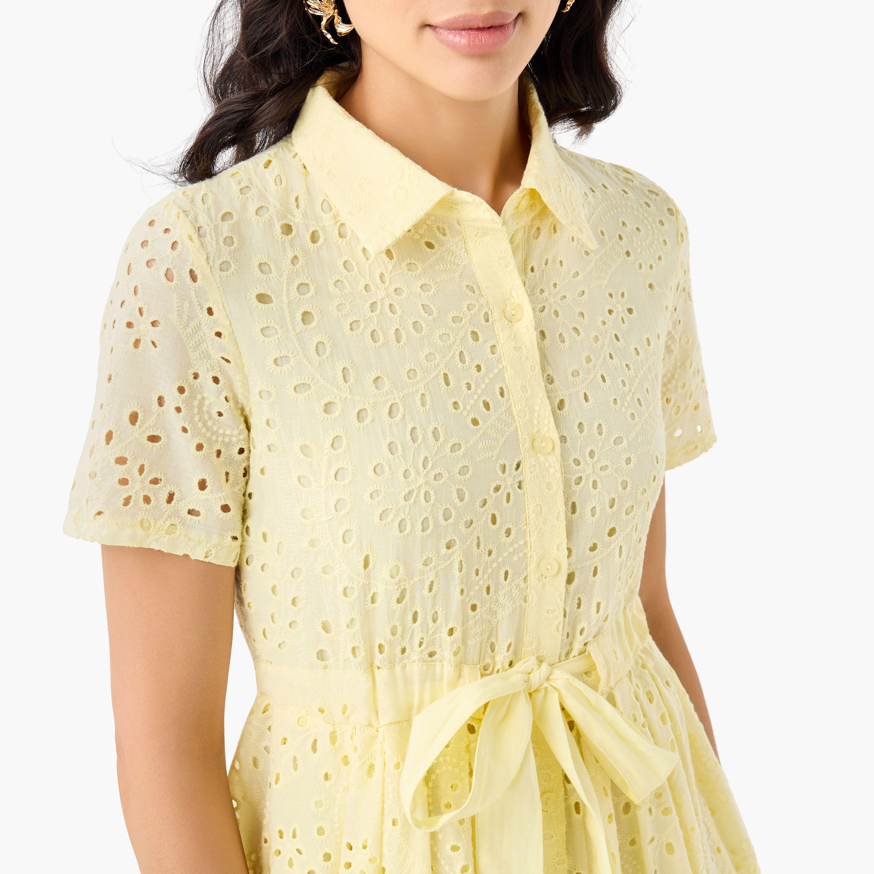 2Xtremz Belted Midi Cotton Shirt Dress with Schiffli Embroidery-women-clothing-dresses-image-2