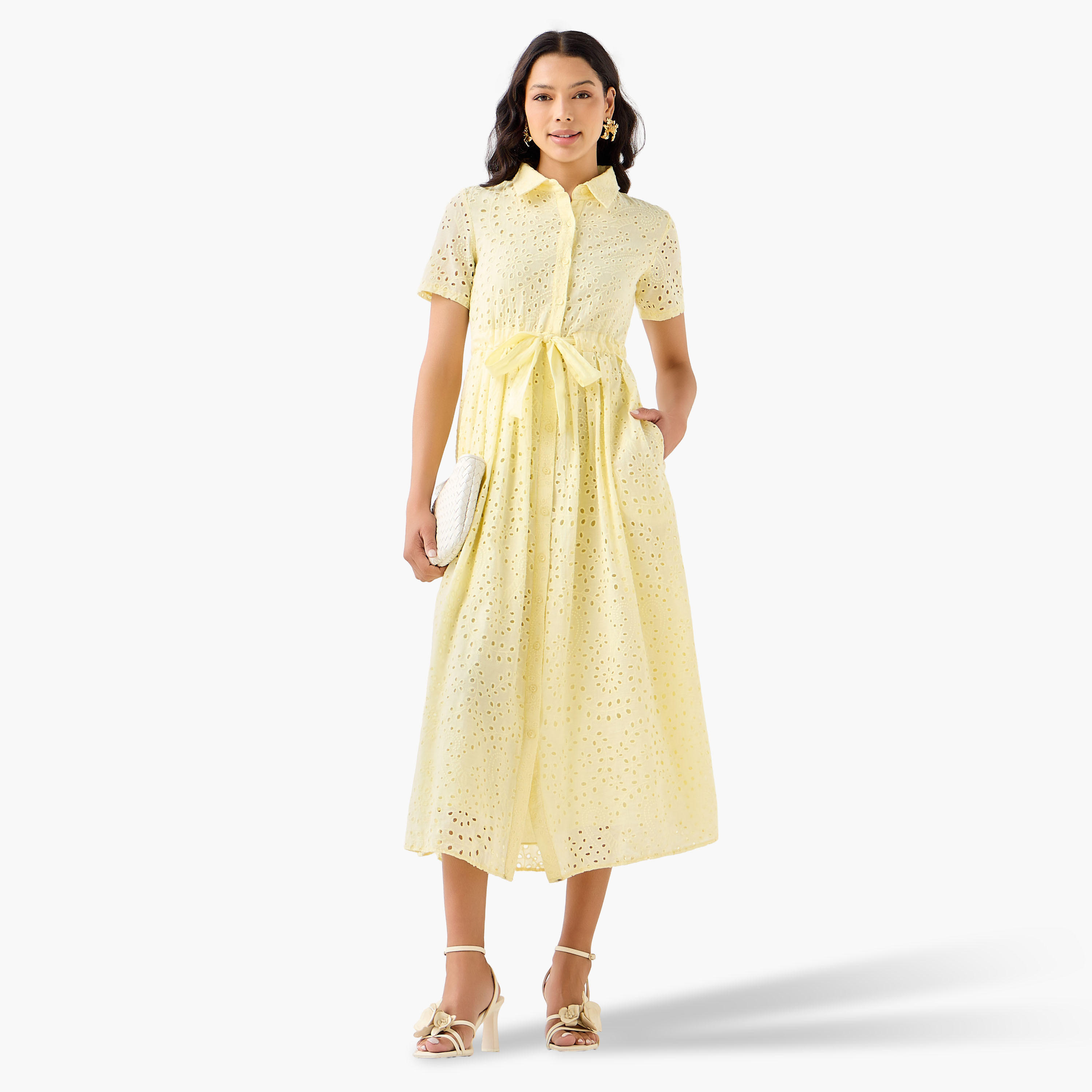 2Xtremz Belted Midi Cotton Shirt Dress with Schiffli Embroidery-women-clothing-dresses-image-3