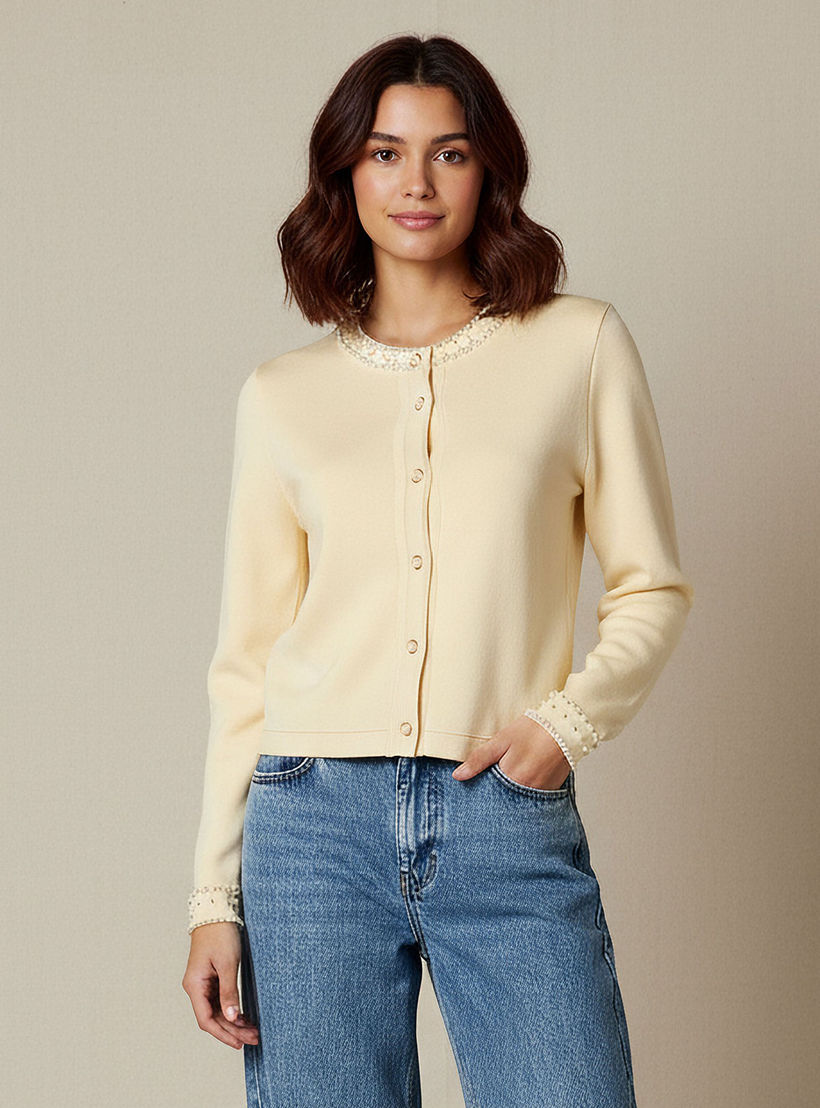 كارديجان بياقة مستديرة وتزيينات لؤلؤ من تو إكستريمز-women-winterwear-cardigansandjumpers-cardigans-image-1