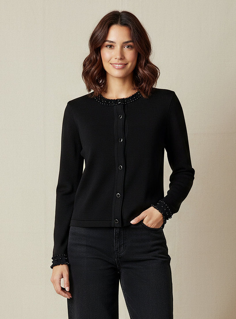 2Xtremz Pearl Embellished Round Neck Cardigan-women-winterwear-cardigansandjumpers-cardigans-image-1