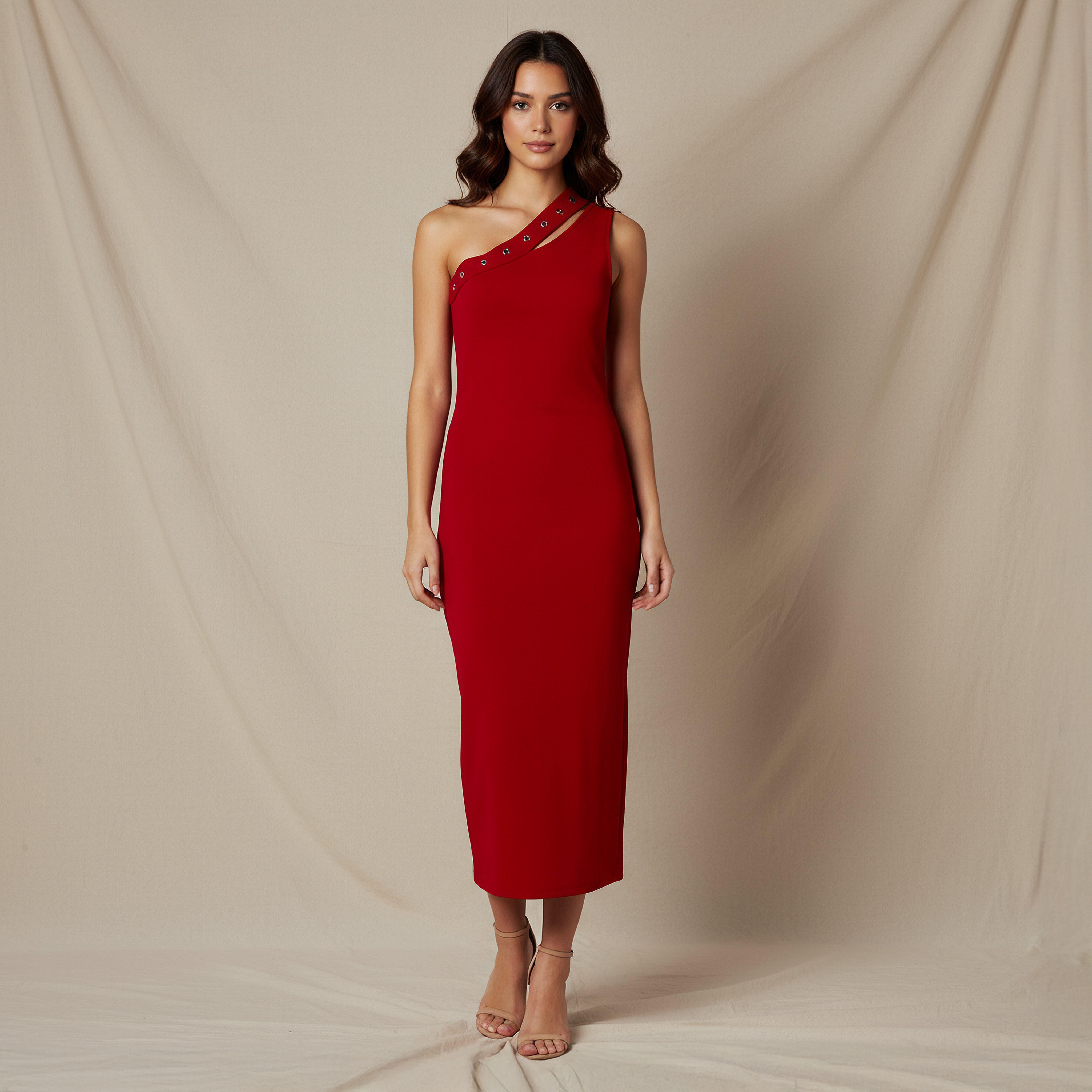 فستان بوديكون ميدي كتف واحد مع تفاصيل كبسون من تو إكستريمز-women-clothing-dresses-image-1