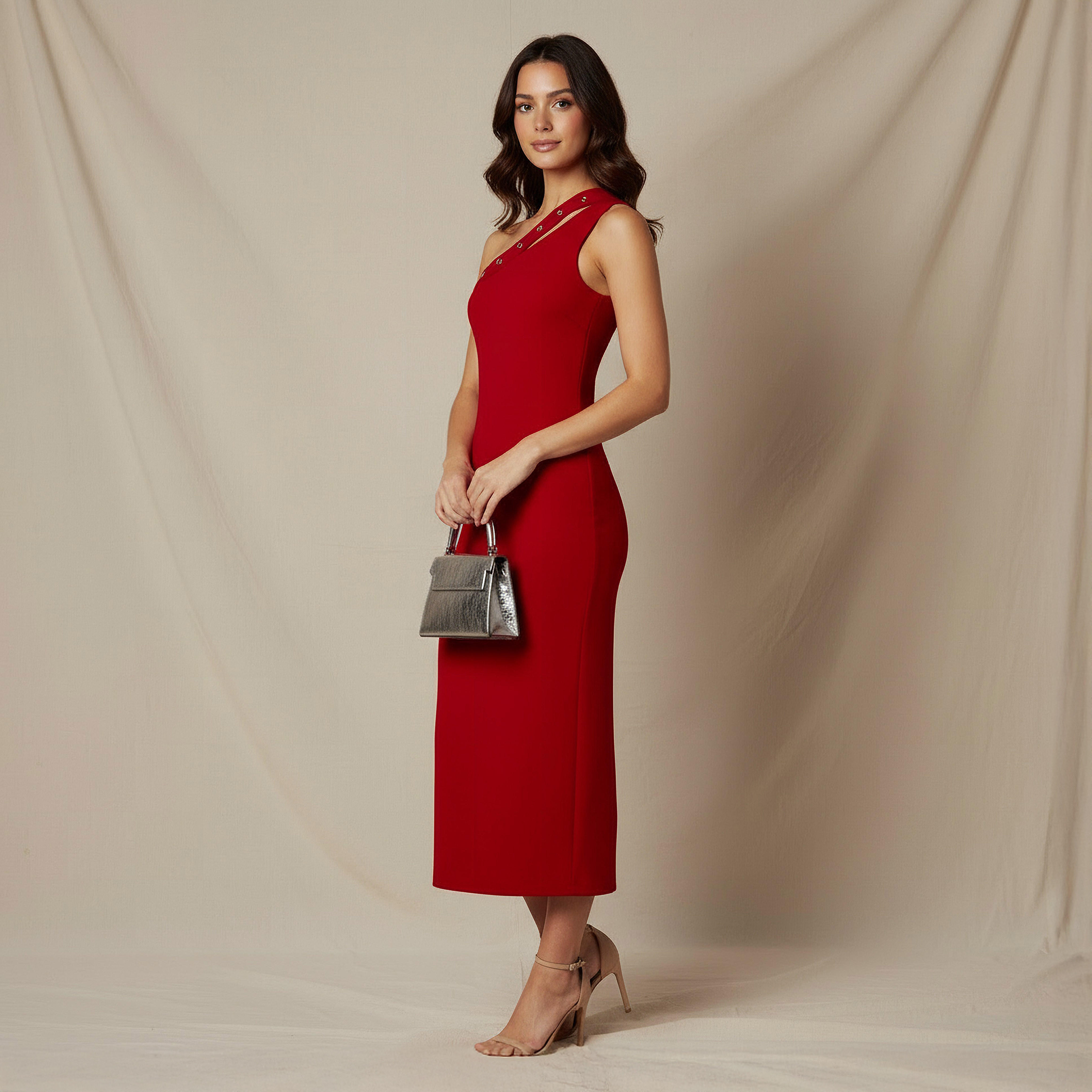 فستان بوديكون ميدي كتف واحد مع تفاصيل كبسون من تو إكستريمز-women-clothing-dresses-image-2
