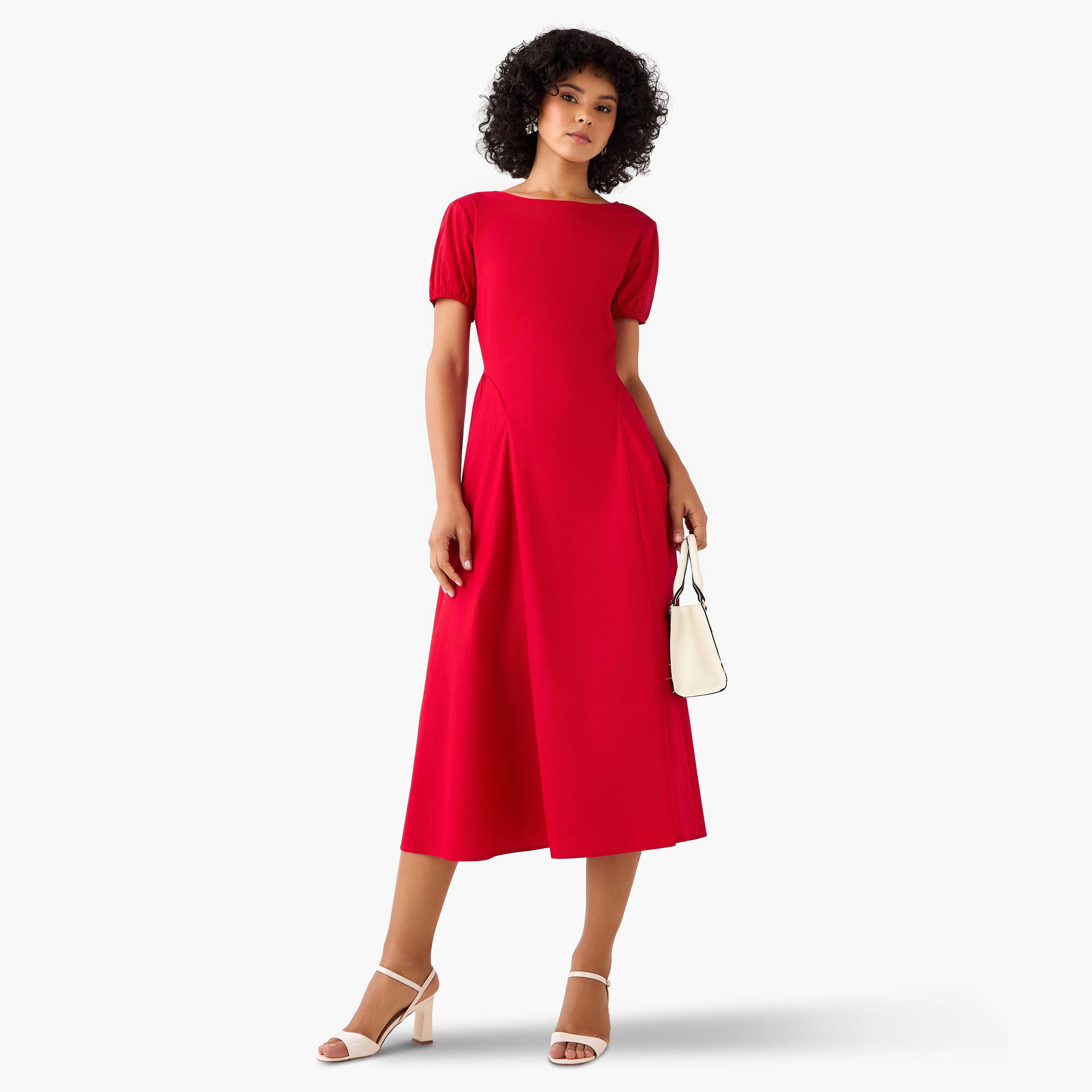 فستان ميدي قطن إيه لاين بأكمام منفوخة من تو إكستريمز-women-clothing-dresses-image-2