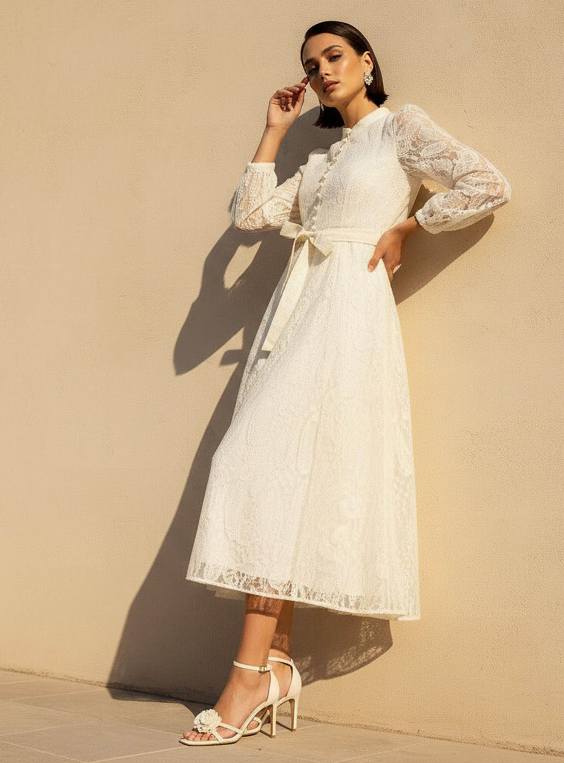 2Xtremz A-line Midi Dress with Paisley Embroidery and Tie-Up Belt-women-clothing-dresses-image-1