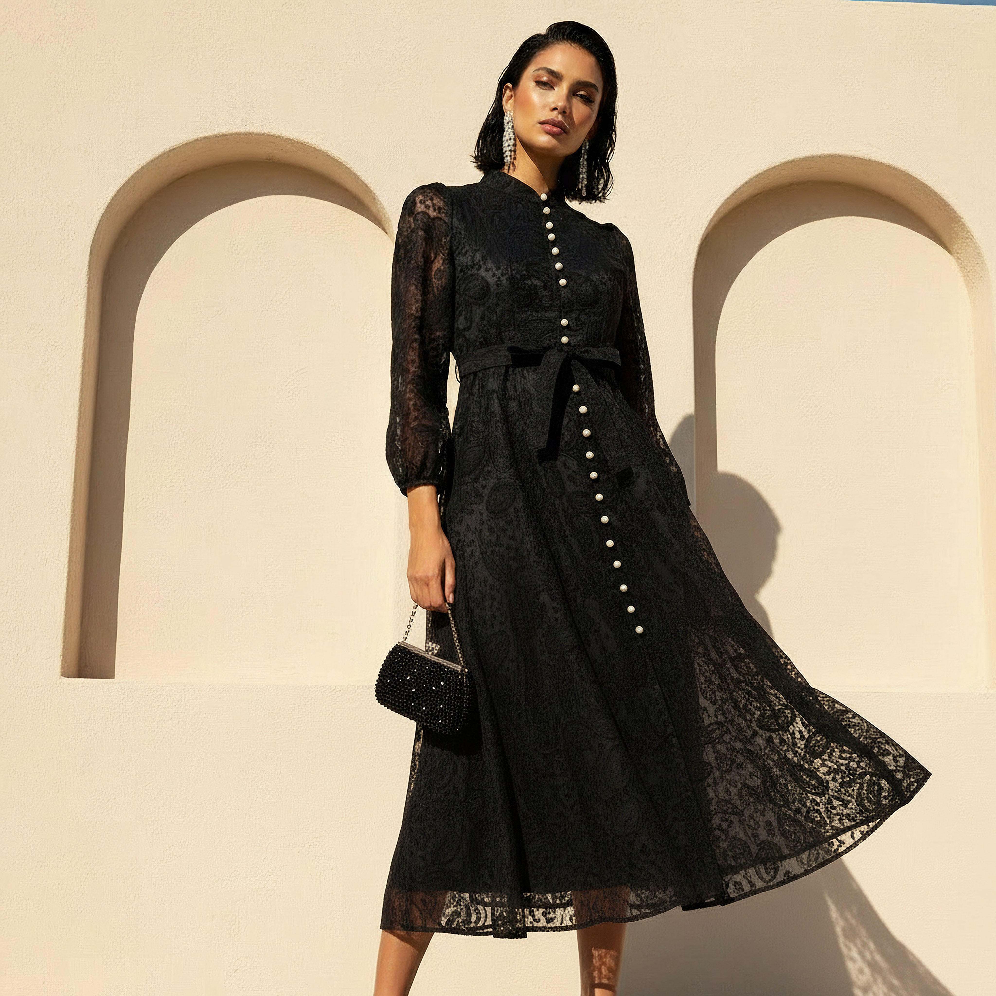 2Xtremz A-line Midi Dress with Paisley Embroidery and Tie-Up Belt-women-clothing-dresses-image-1