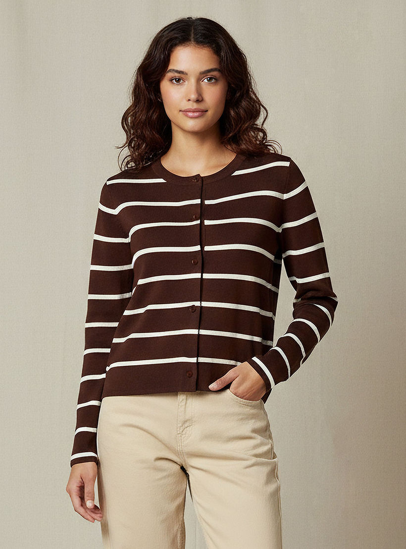 كارديجان مقلم بياقة مستديرة من تو إكستريمز-women-winterwear-cardigansandjumpers-cardigans-image-1