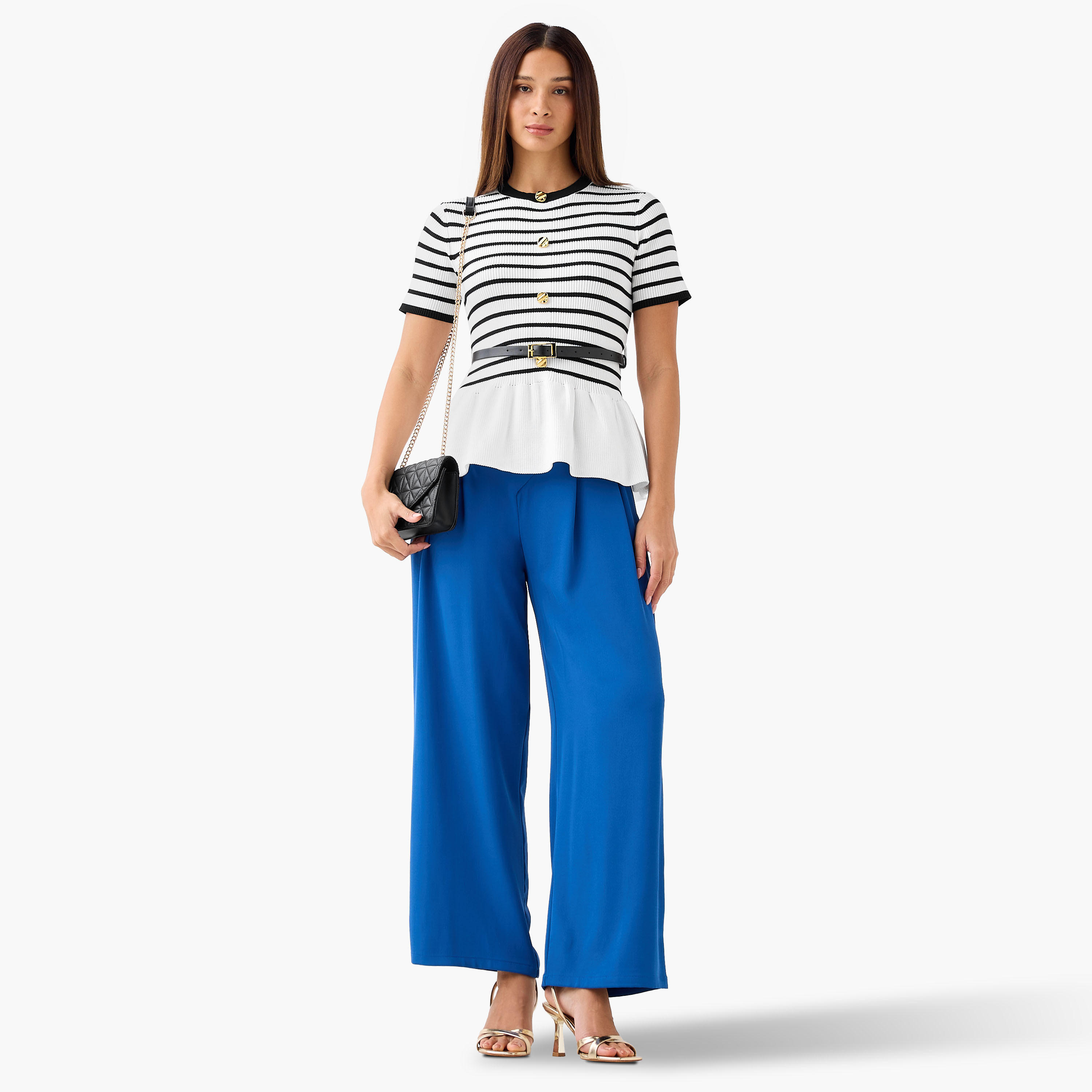 بلوزة بيبلوم مقلمة بياقة ضيقة وحزام من تو إكستريمز-women-clothing-shirtsandblouses-blouses-image-2