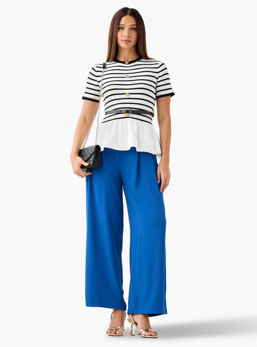 بلوزة بيبلوم مقلمة بياقة ضيقة وحزام من تو إكستريمز-women-clothing-shirtsandblouses-blouses-image-2