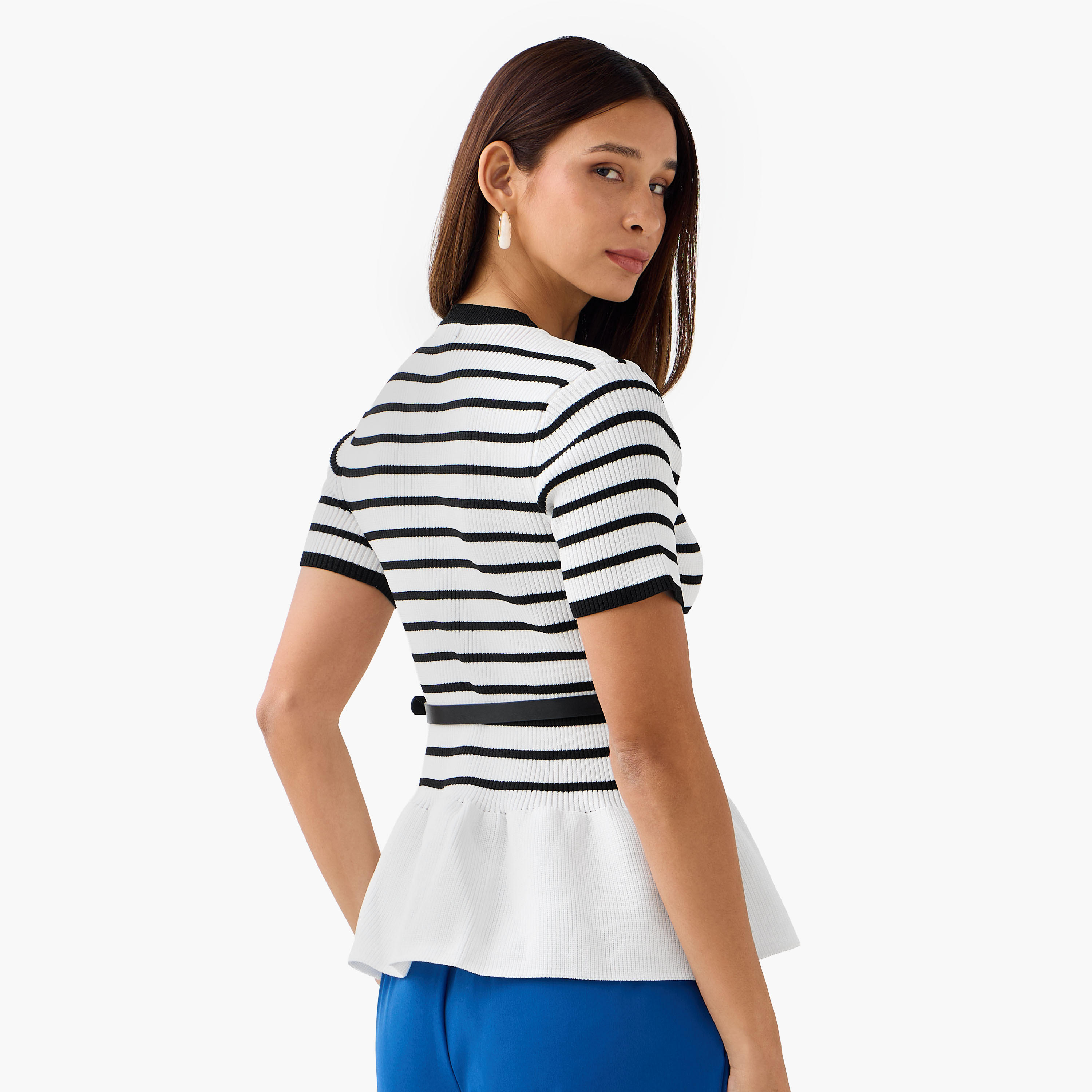 بلوزة بيبلوم مقلمة بياقة ضيقة وحزام من تو إكستريمز-women-clothing-shirtsandblouses-blouses-image-3