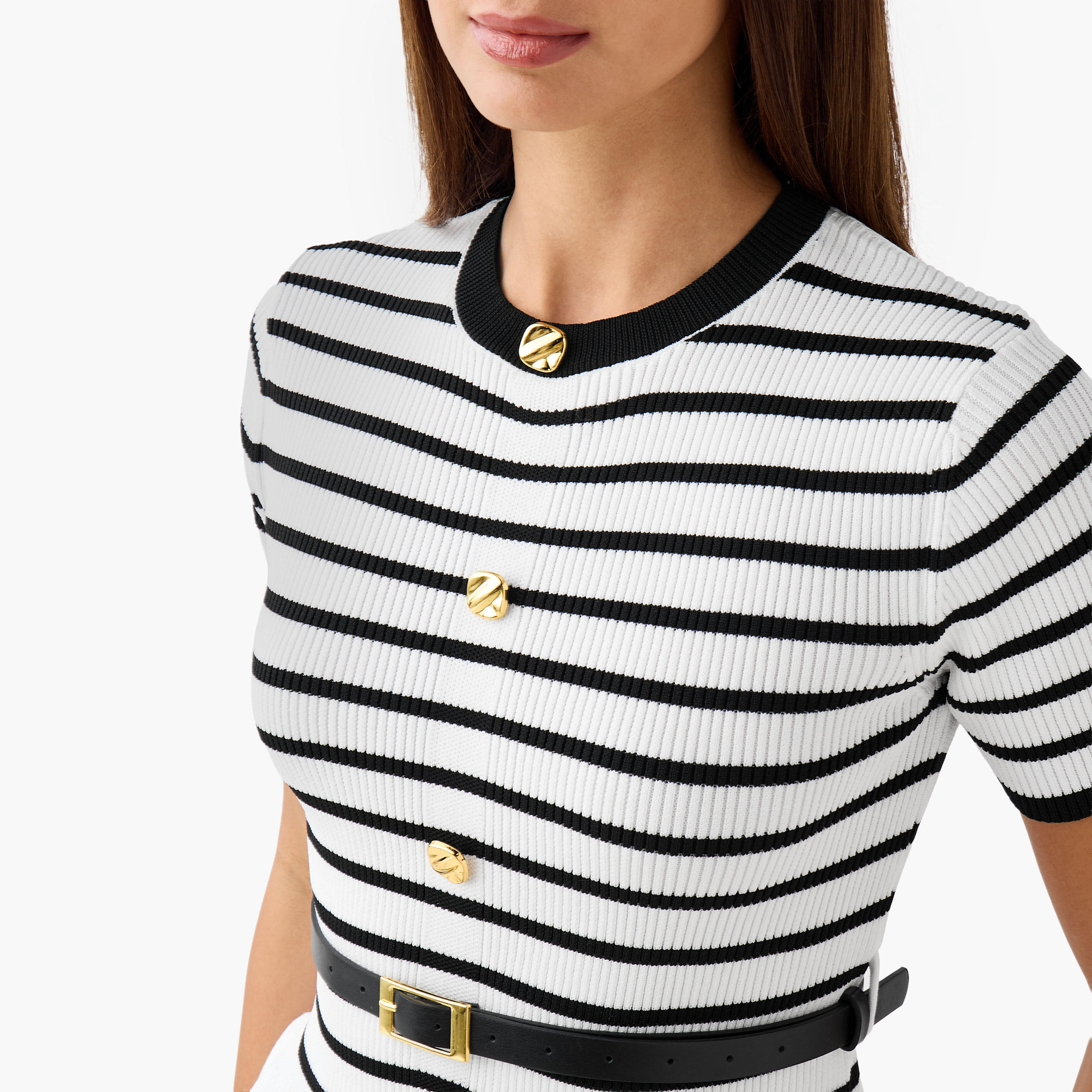 بلوزة بيبلوم مقلمة بياقة ضيقة وحزام من تو إكستريمز-women-clothing-shirtsandblouses-blouses-image-5