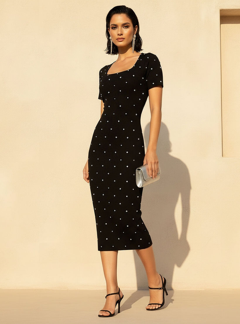 فستان محبوك ميدي مزين بالخرز وبياقة مربعة من تو إكستريمز-women-clothing-dresses-image-2