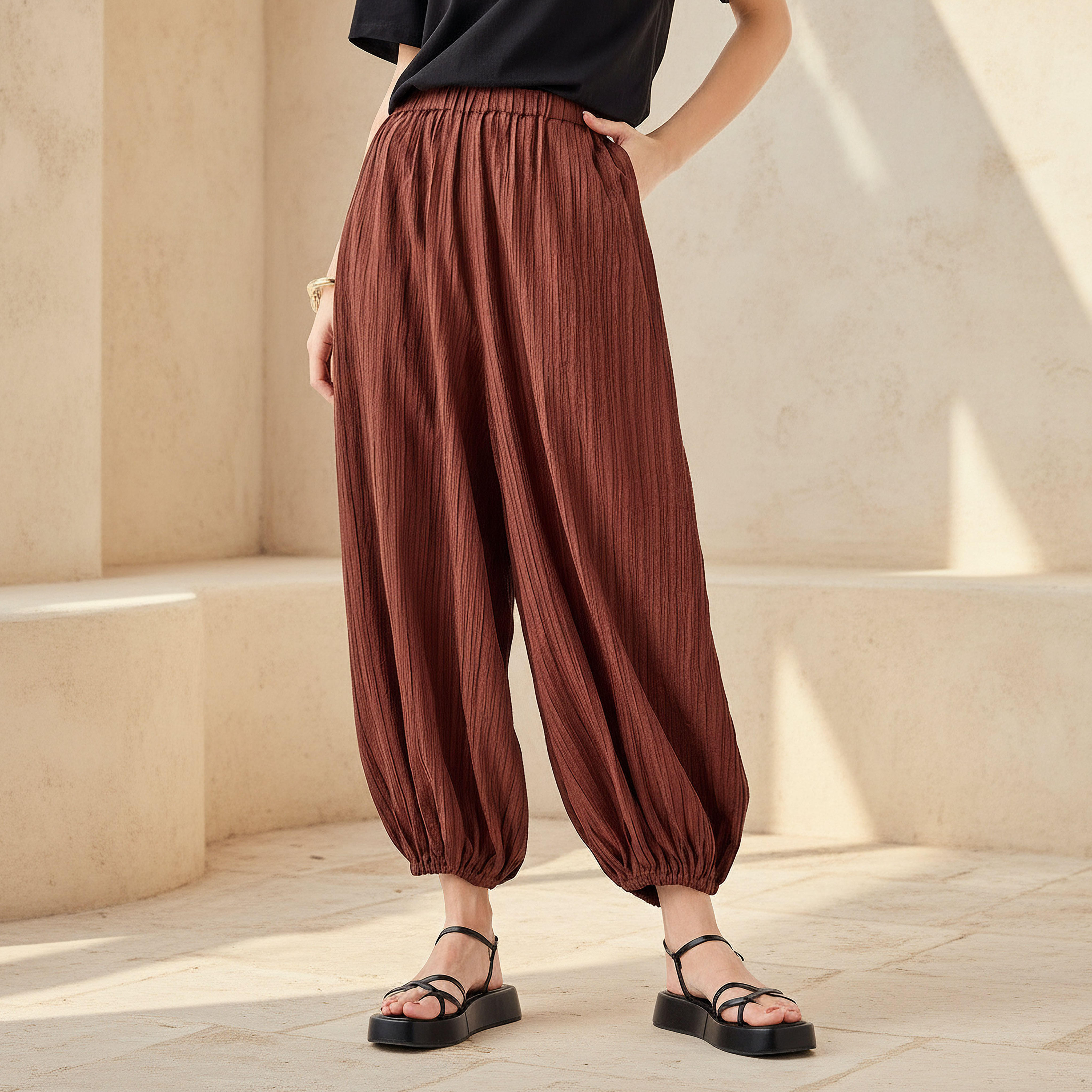 بنطلون حريم قطن بقصة مريحة وخصر متوسط وملمس بارز من توإكستريمز-women-clothing-bottoms-trousers-image-1