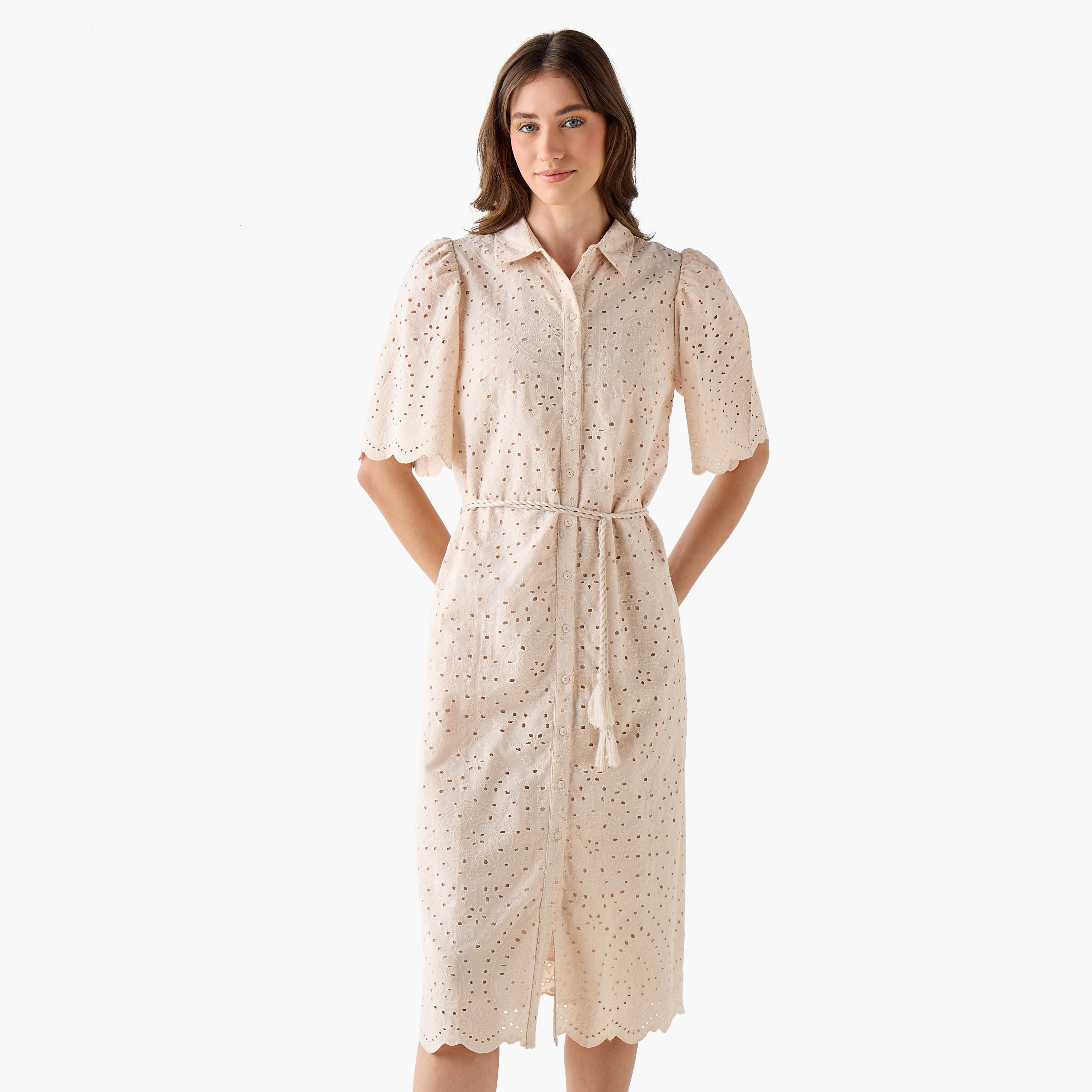 2Xtremz Schiffili Embroidered Women Shirt Dress with Tie-Up Belt Cotton-women-clothing-dresses-image-4