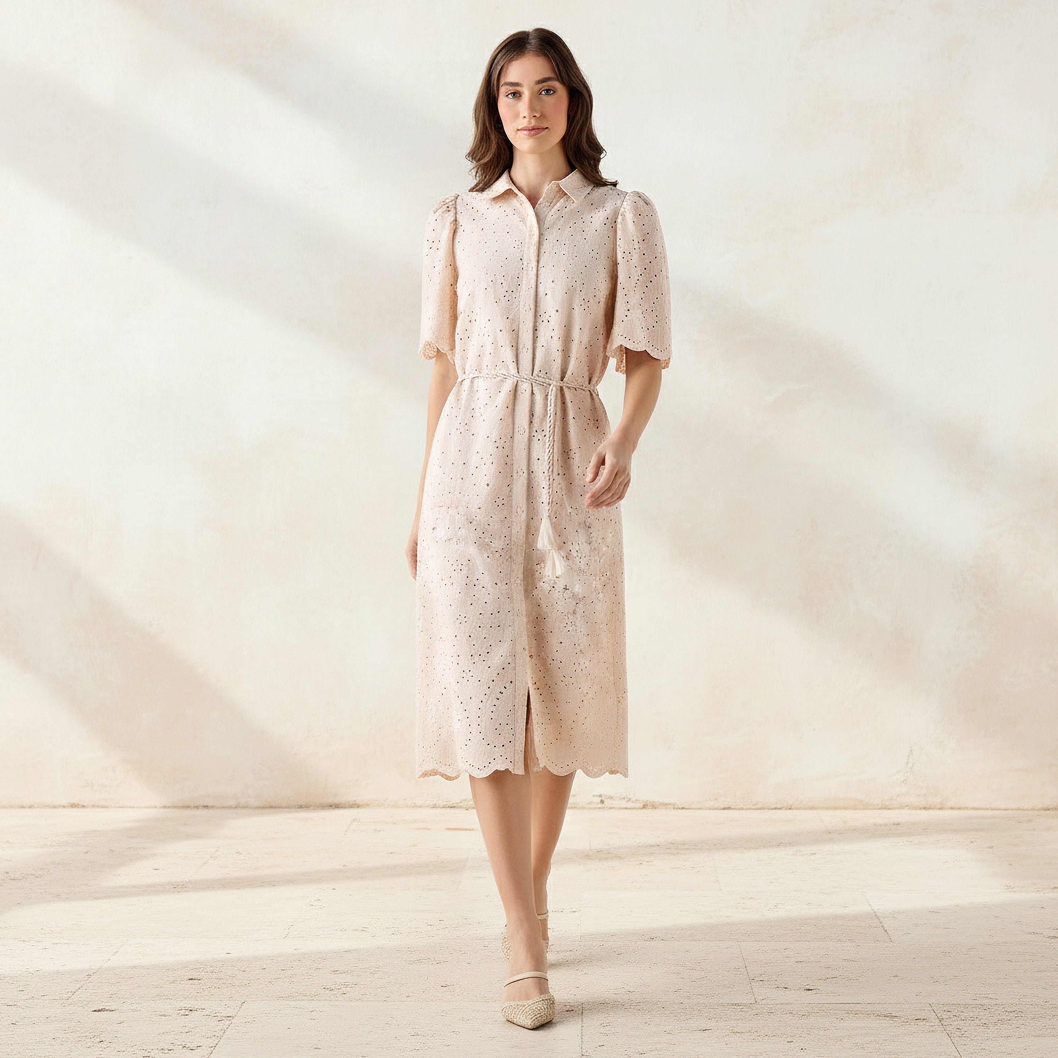 2Xtremz Schiffili Embroidered Women Shirt Dress with Tie-Up Belt Cotton-women-clothing-dresses-image-2