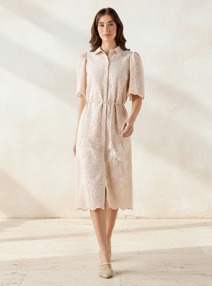 2Xtremz Schiffili Embroidered Women Shirt Dress with Tie-Up Belt Cotton-women-clothing-dresses-image-2