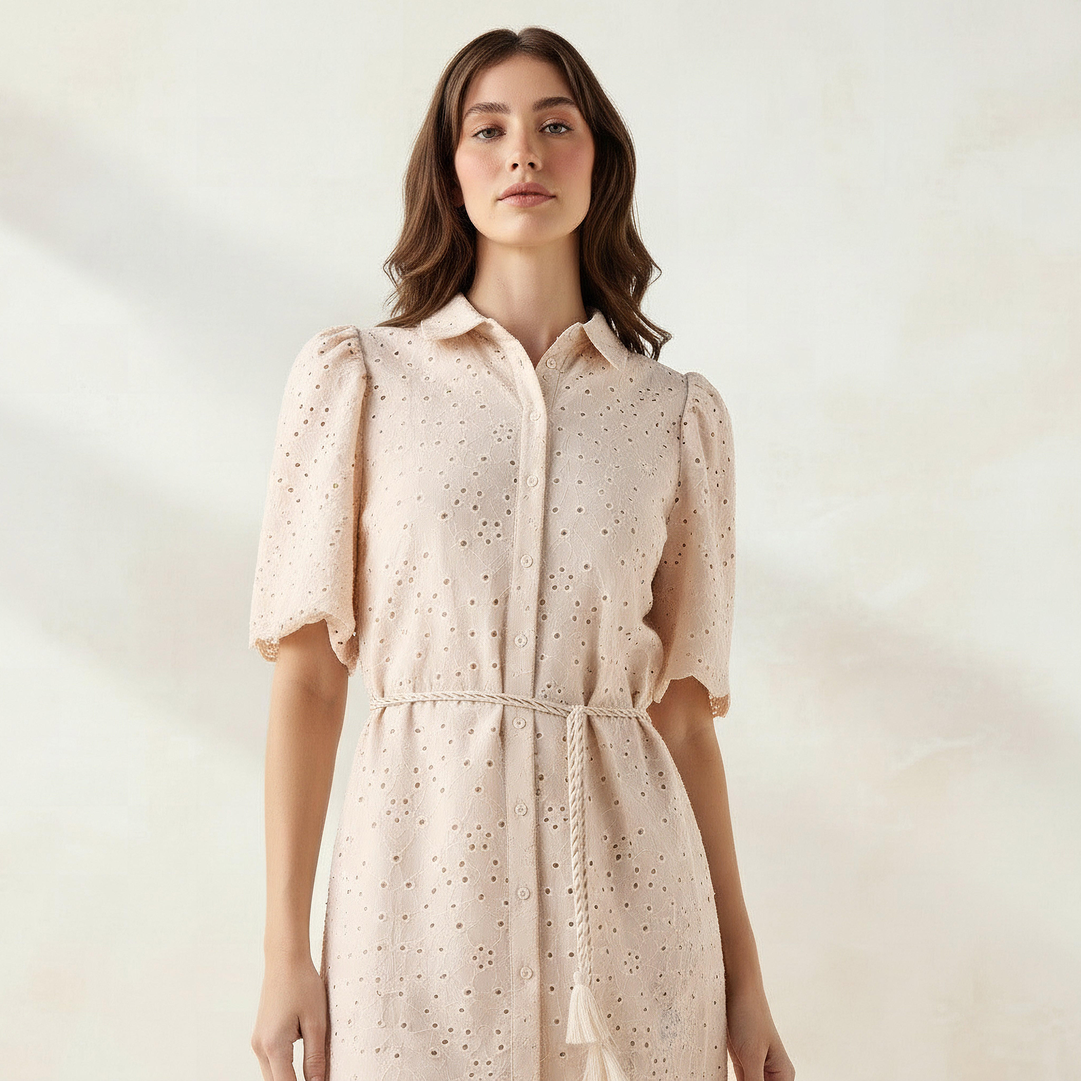 2Xtremz Schiffili Embroidered Women Shirt Dress with Tie-Up Belt Cotton-women-clothing-dresses-image-3
