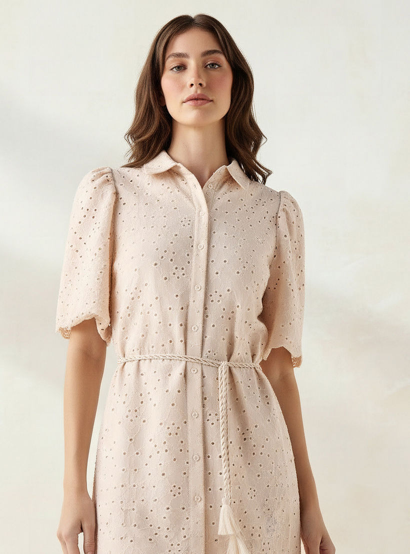 2Xtremz Schiffili Embroidered Women Shirt Dress with Tie-Up Belt Cotton-women-clothing-dresses-image-3