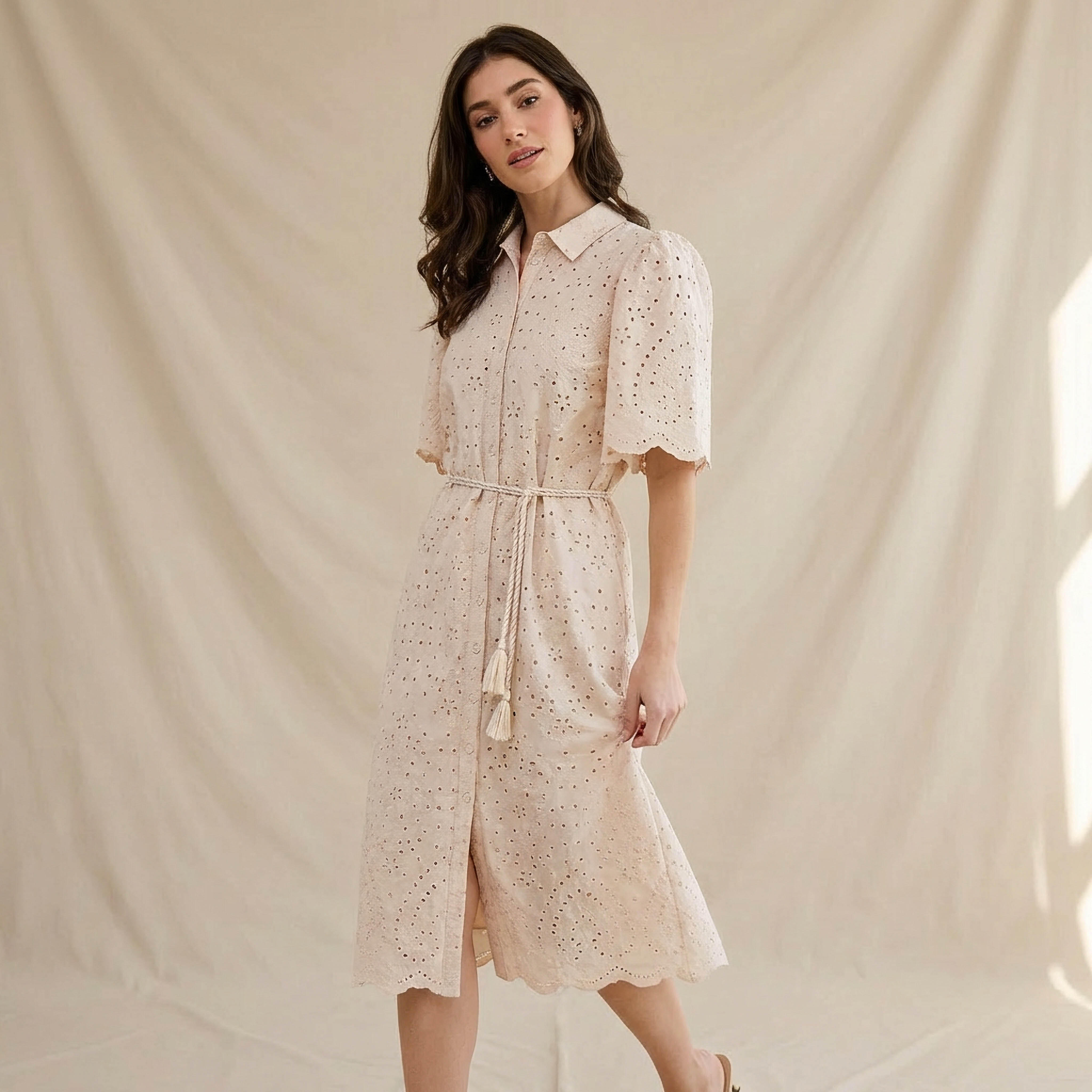 2Xtremz Schiffili Embroidered Women Shirt Dress with Tie-Up Belt Cotton-women-clothing-dresses-image-1