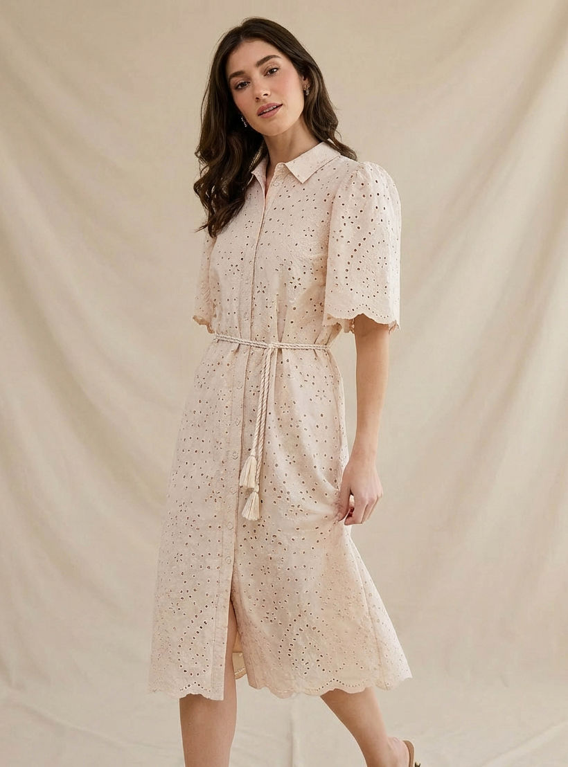 2Xtremz Schiffili Embroidered Women Shirt Dress with Tie-Up Belt Cotton-women-clothing-dresses-image-1