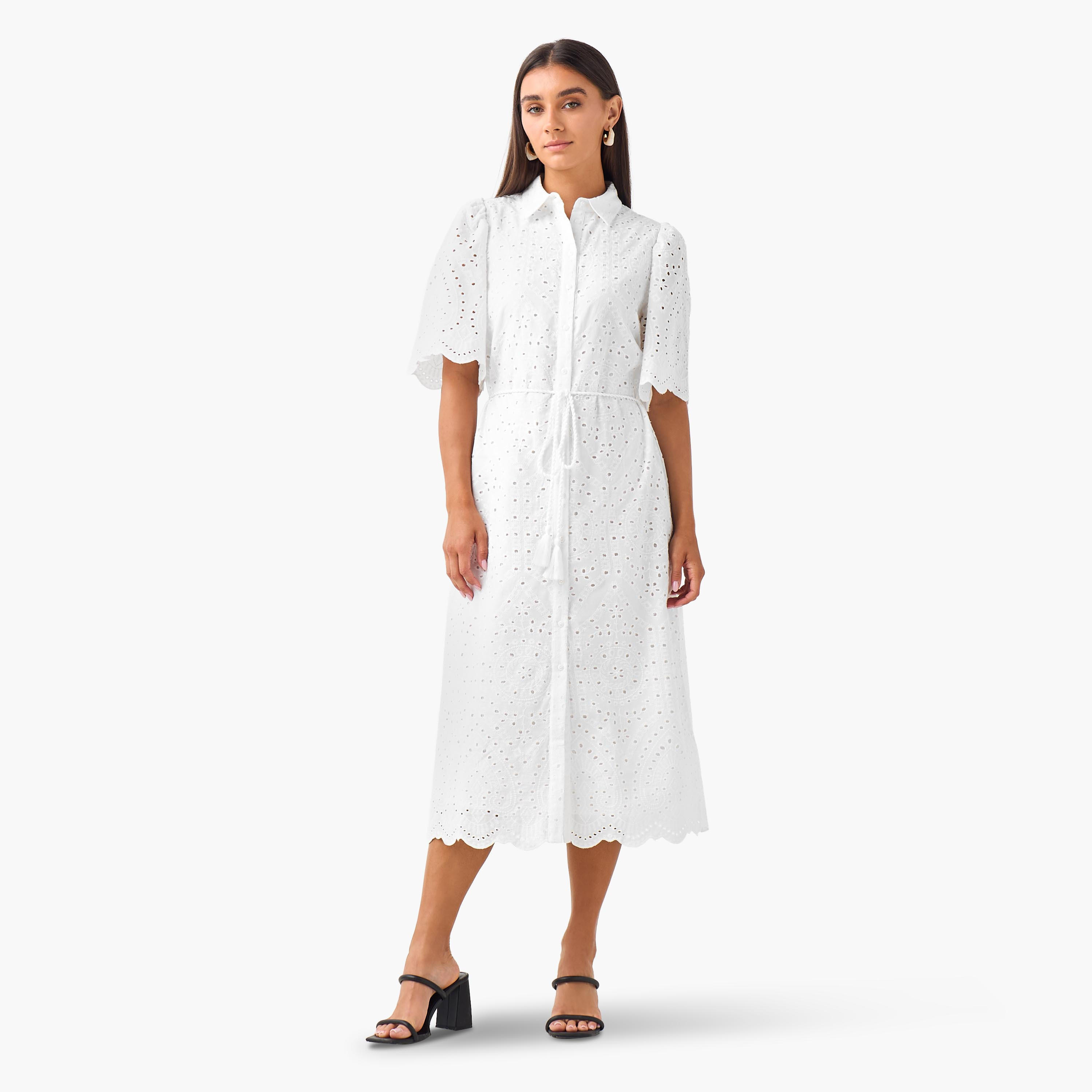 2Xtremz Schiffili Embroidered Women Shirt Dress with Tie-Up Belt Cotton-women-clothing-dresses-image-4