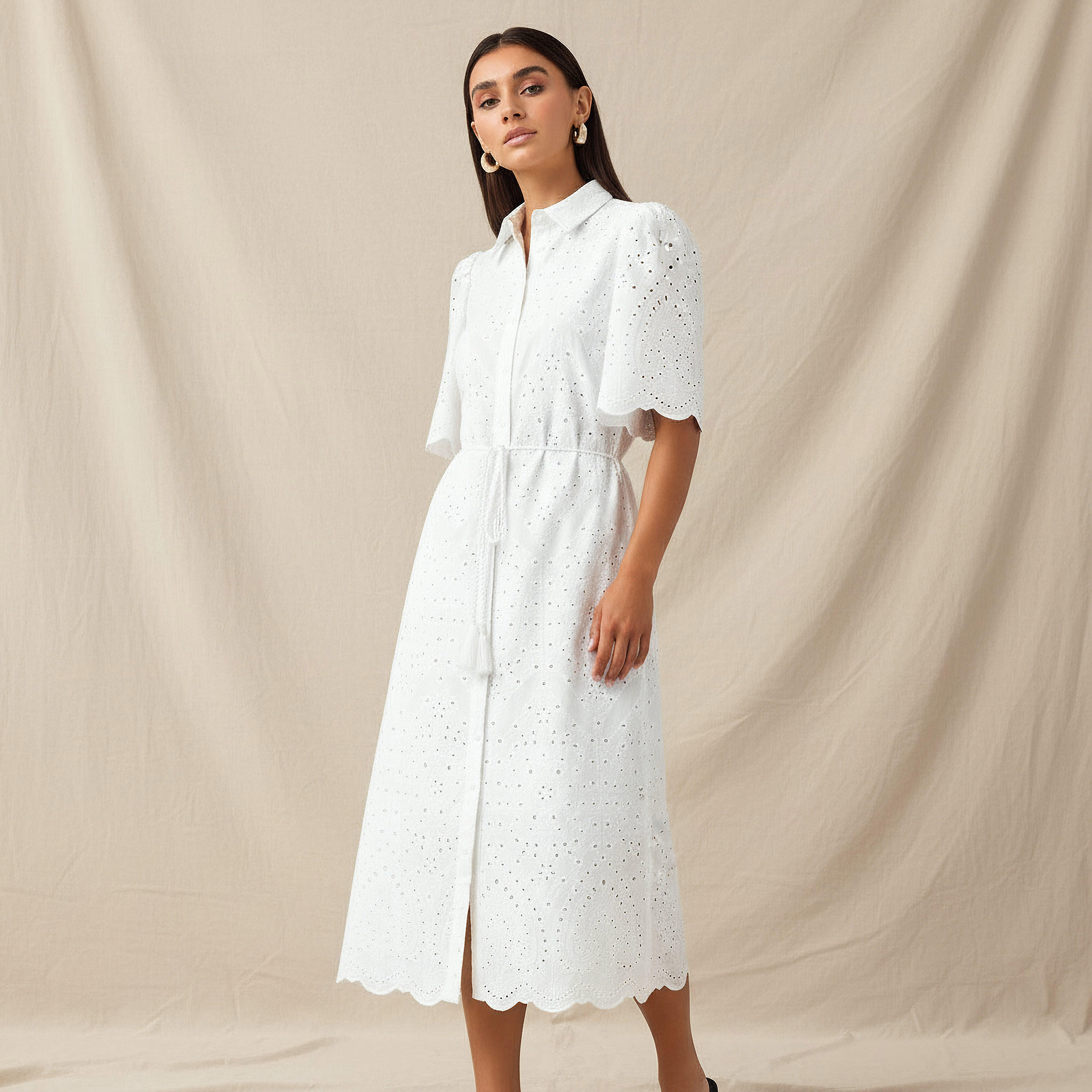 2Xtremz Schiffili Embroidered Women Shirt Dress with Tie-Up Belt Cotton-women-clothing-dresses-image-3
