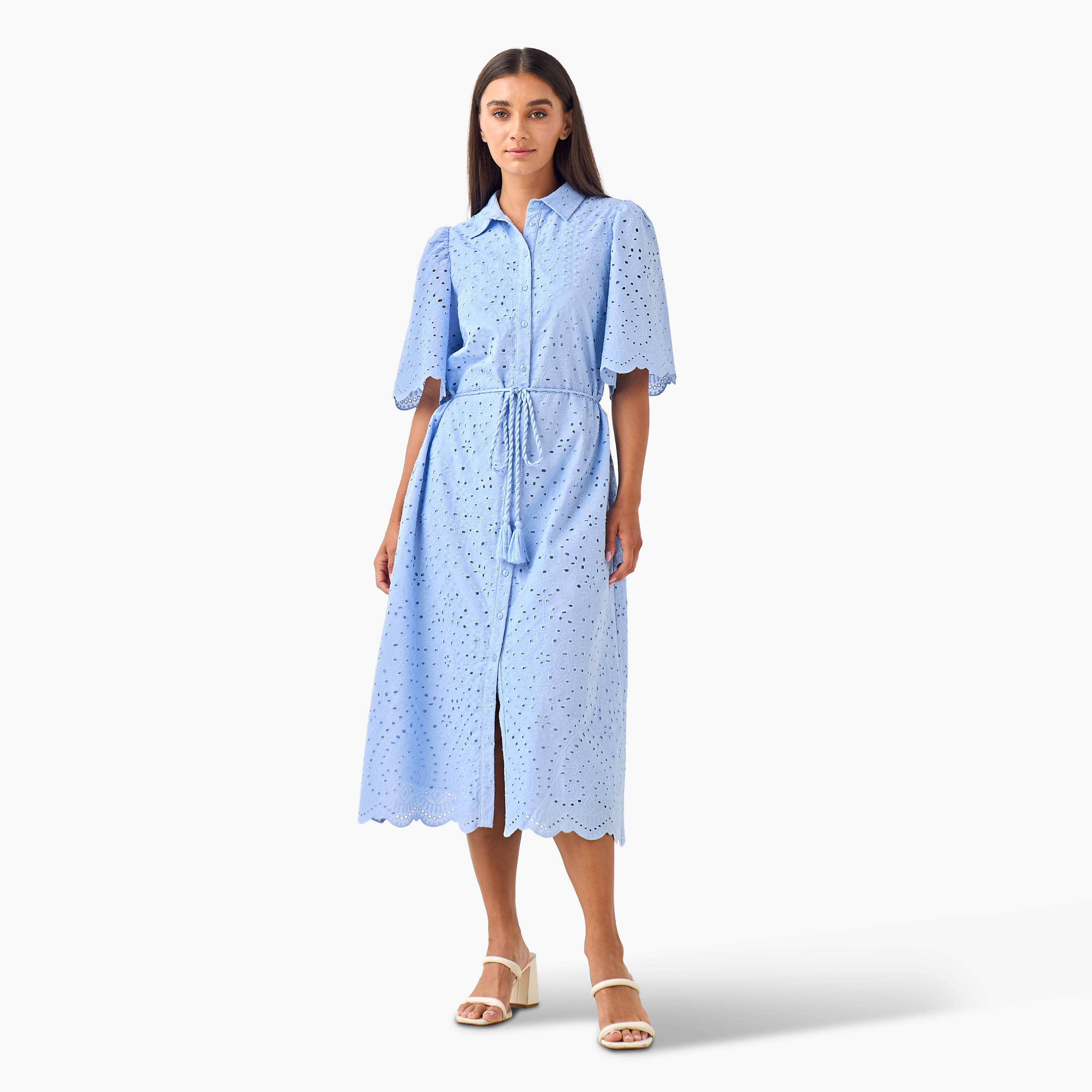 2Xtremz Schiffili Embroidered Women Shirt Dress with Tie-Up Belt Cotton-women-clothing-dresses-image-4