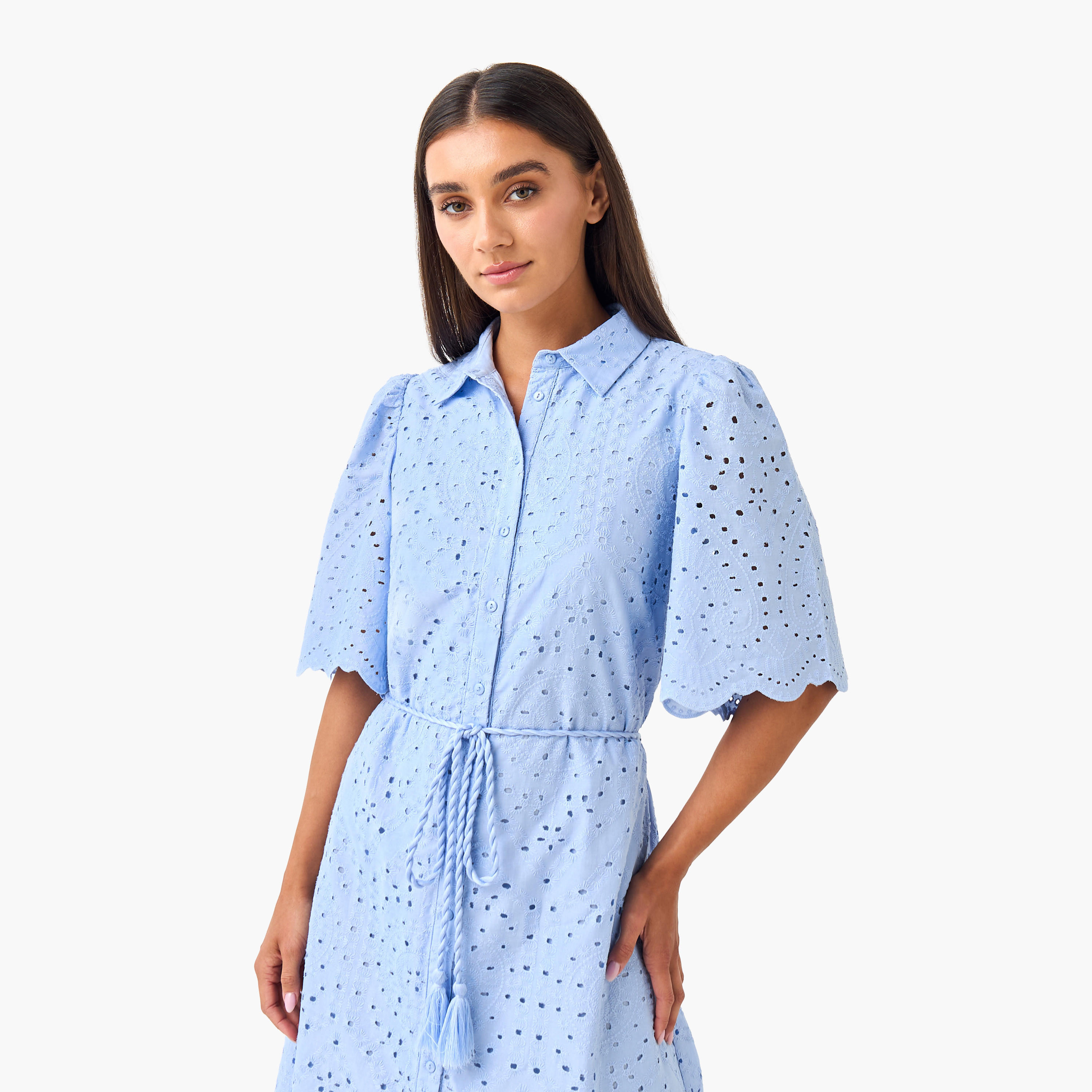 2Xtremz Schiffili Embroidered Women Shirt Dress with Tie-Up Belt Cotton-women-clothing-dresses-image-7