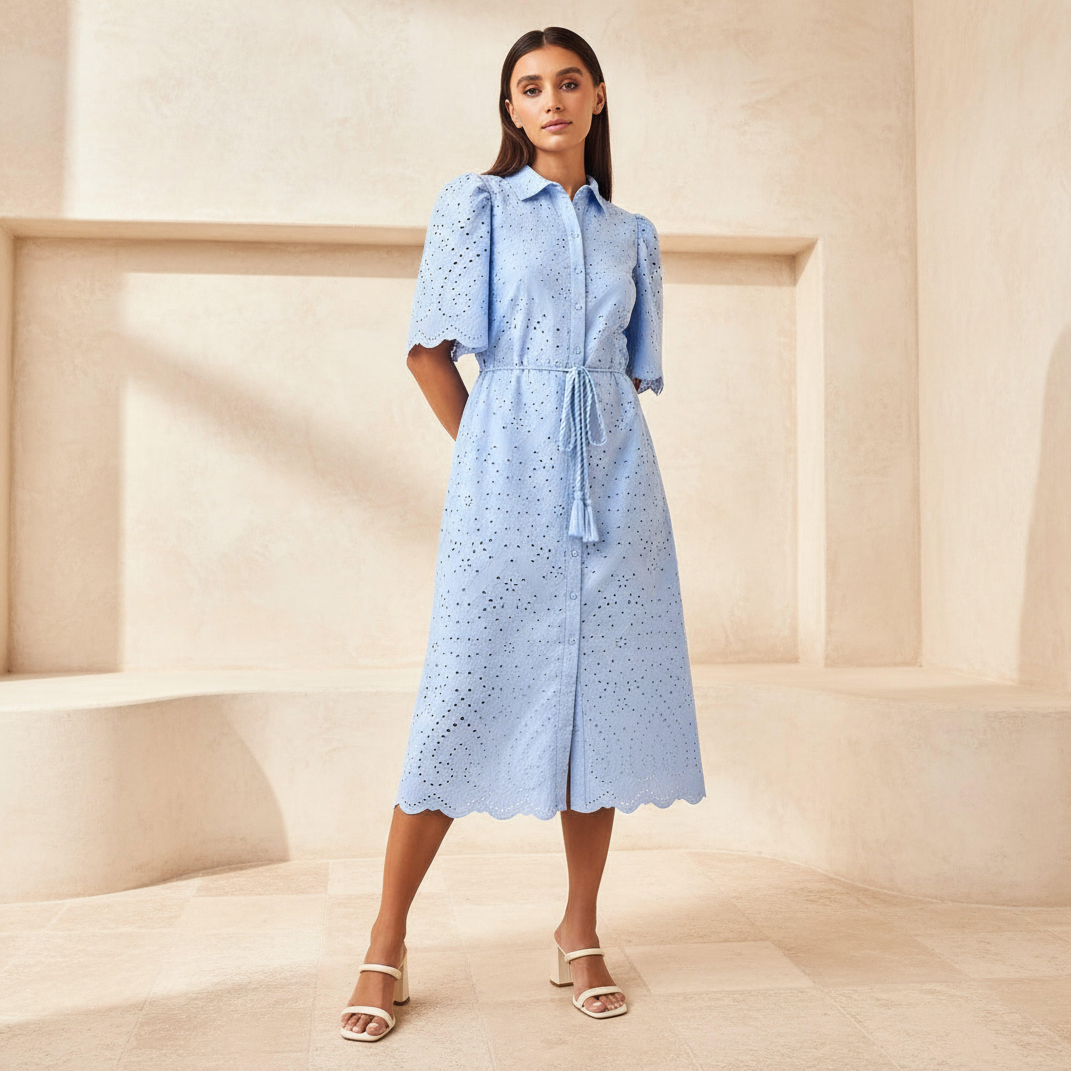 2Xtremz Schiffili Embroidered Women Shirt Dress with Tie-Up Belt Cotton-women-clothing-dresses-image-1