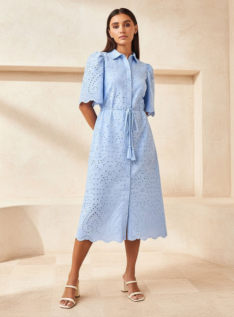 2Xtremz Schiffili Embroidered Women Shirt Dress with Tie-Up Belt Cotton-women-clothing-dresses-image-1