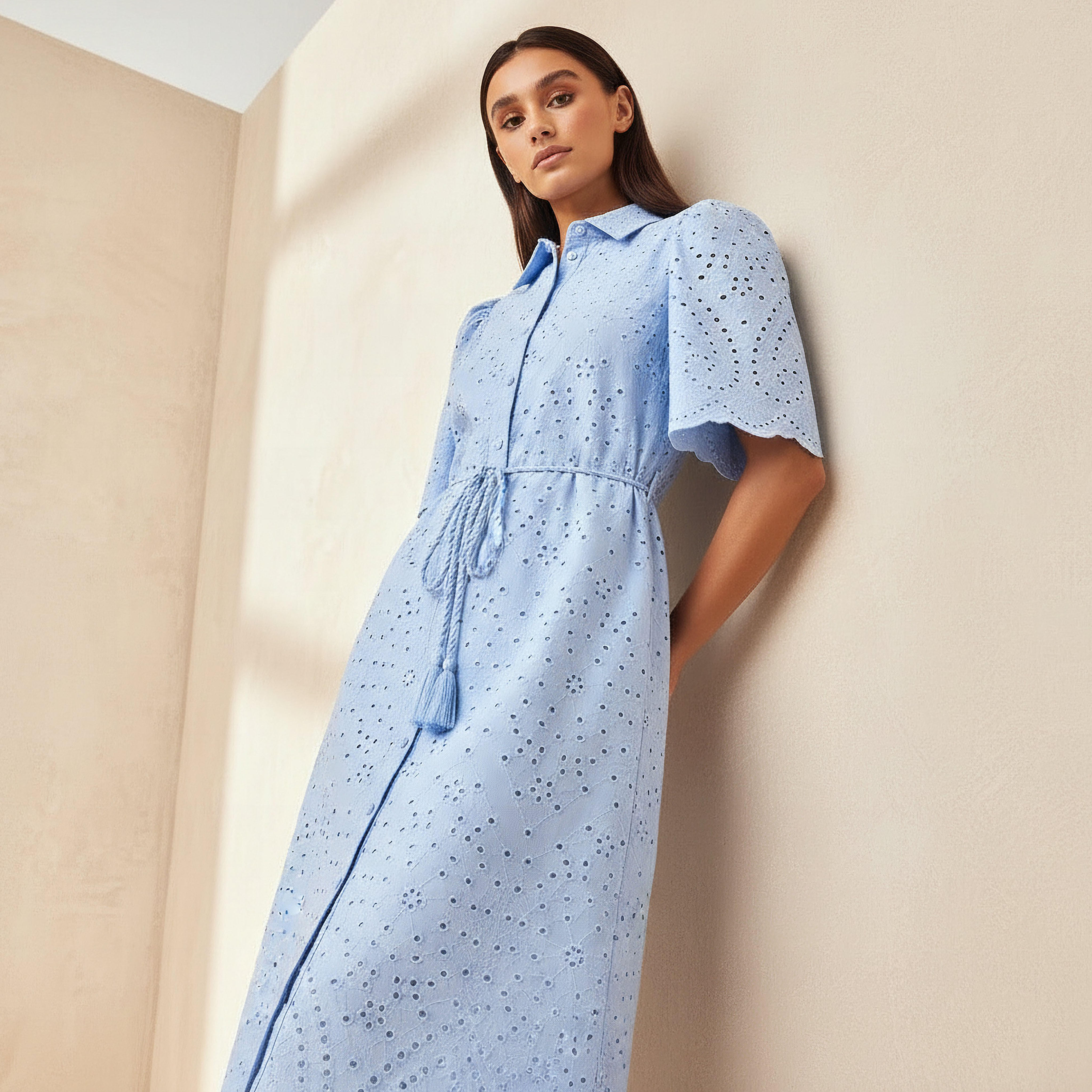 2Xtremz Schiffili Embroidered Women Shirt Dress with Tie-Up Belt Cotton-women-clothing-dresses-image-3