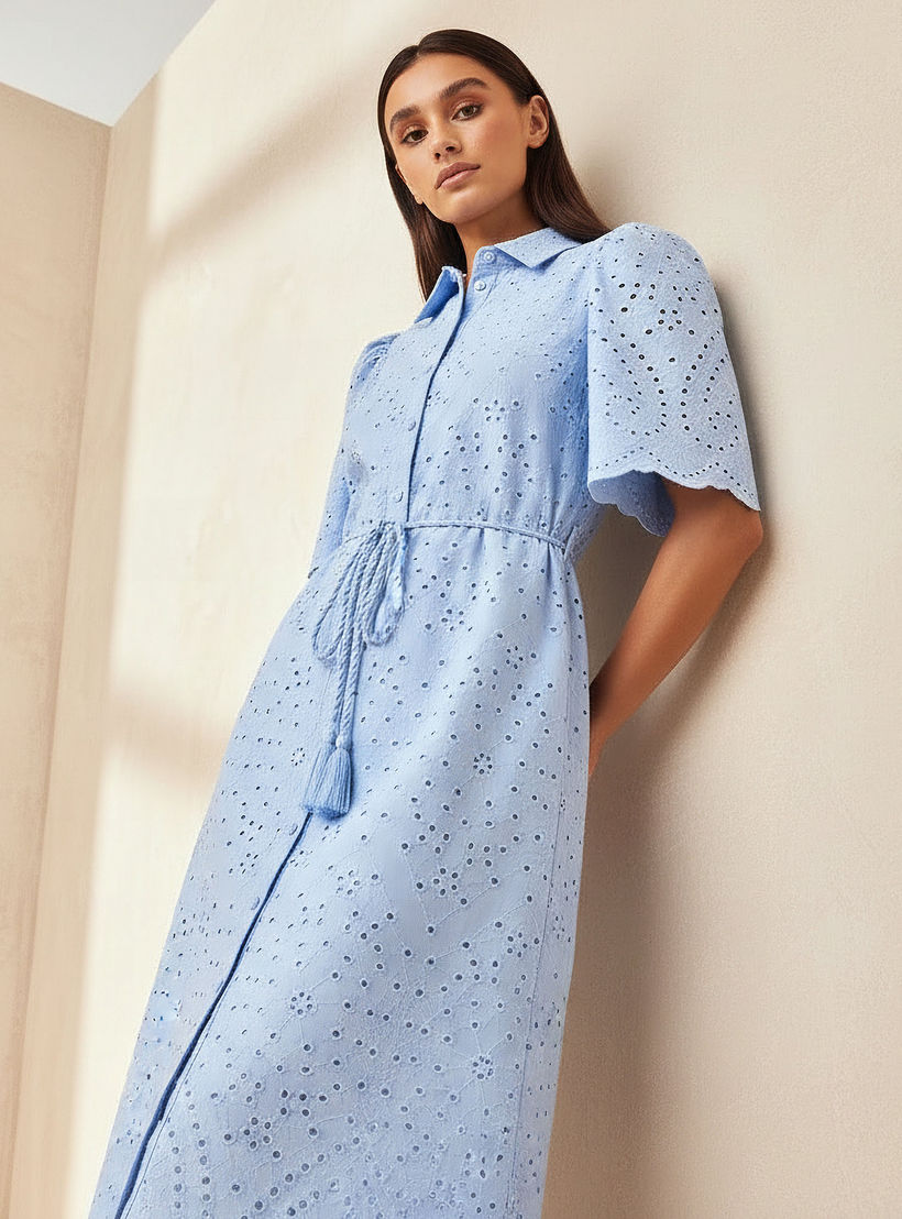 2Xtremz Schiffili Embroidered Women Shirt Dress with Tie-Up Belt Cotton-women-clothing-dresses-image-3