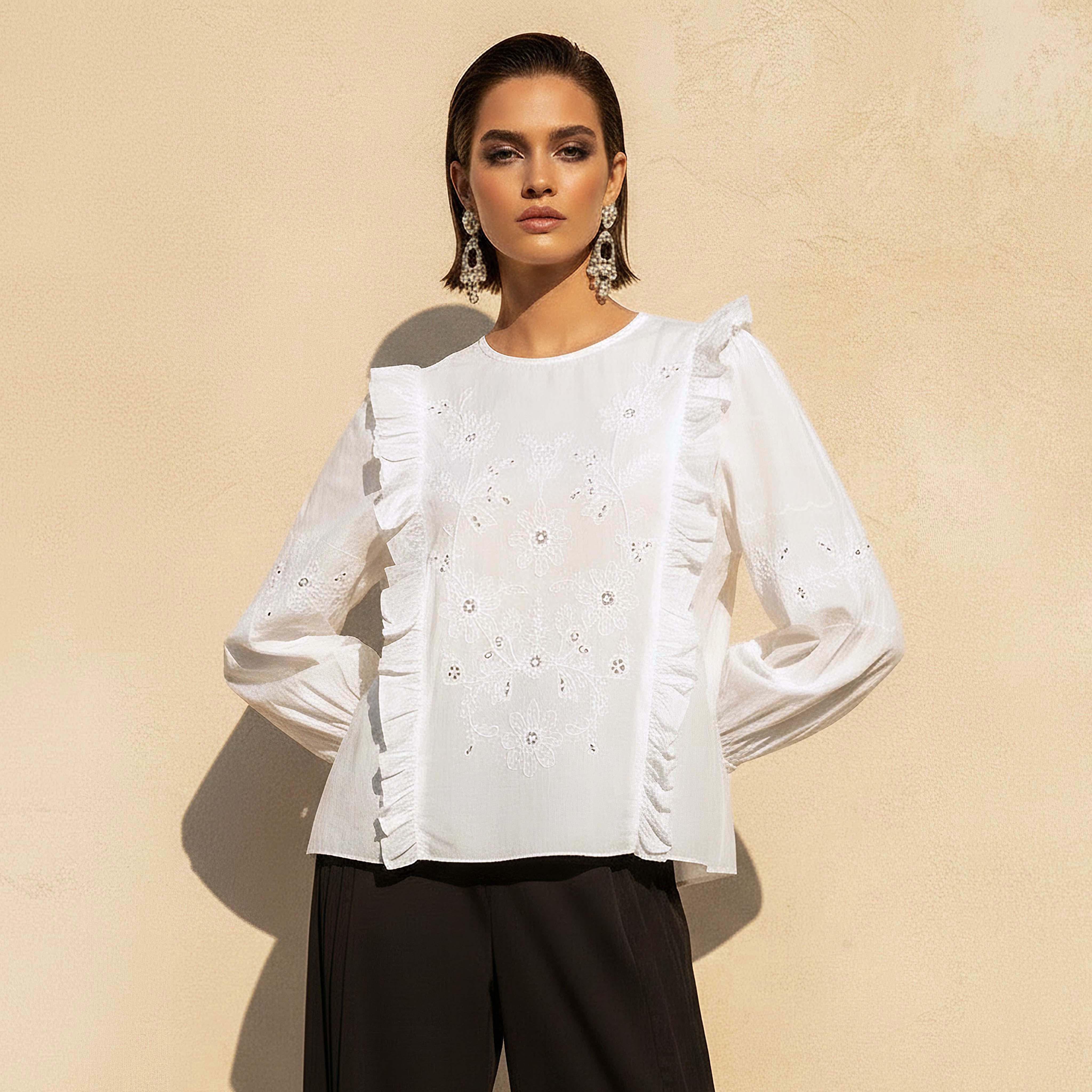 بلوزة قطن بقصة عادية بتفاصيل شيفلي وكشكش للنساء من تو إكستريمز-women-clothing-shirtsandblouses-blouses-image-1